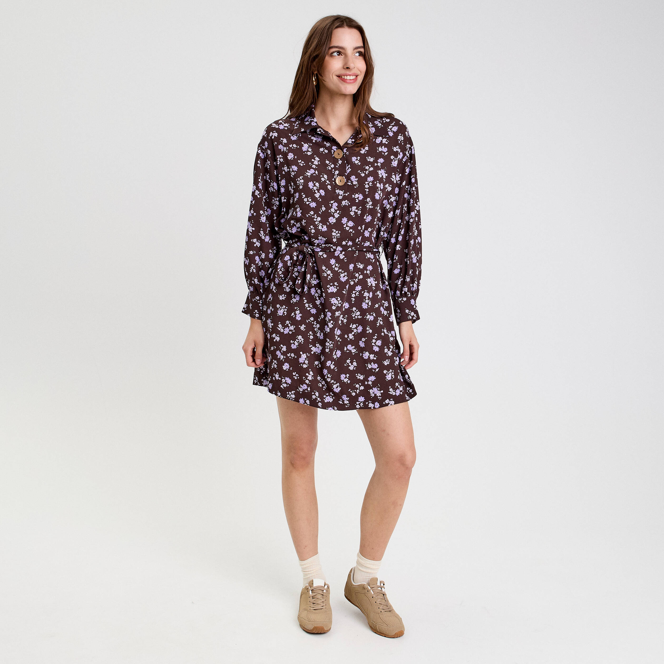 Robe courte droite col chemise marron fonc&eacute; femme