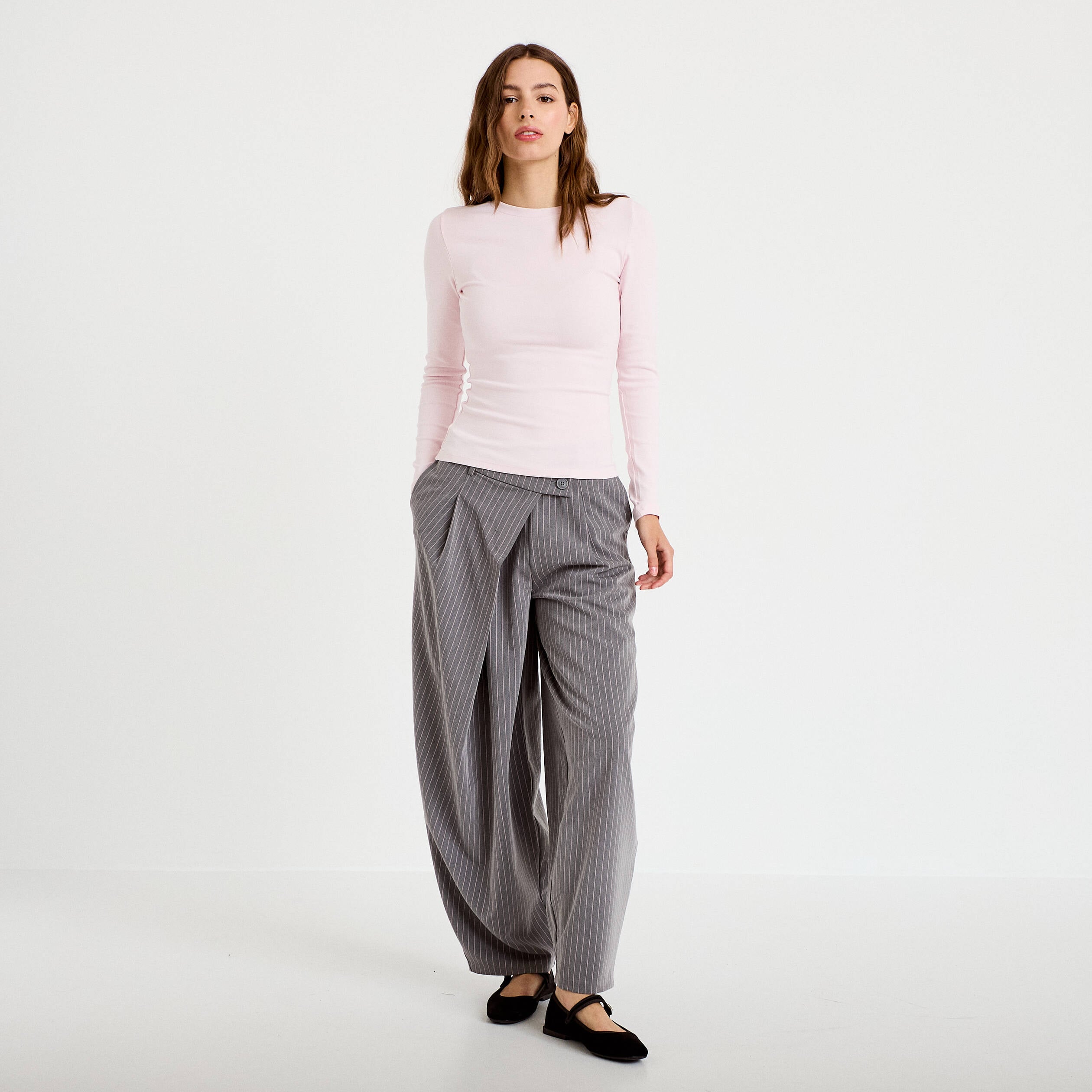Pantalon barrel taille basse gris femme