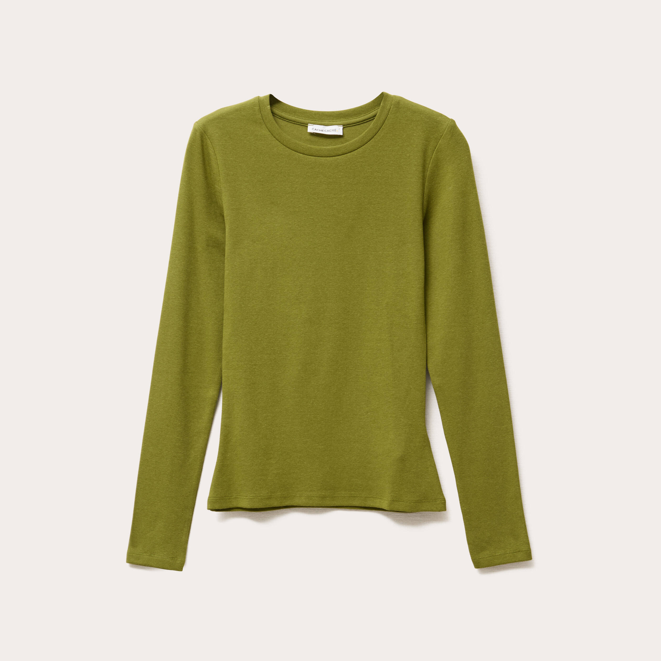 T-shirt cintr&eacute; col rond manches longues vert fonc&eacute; femme