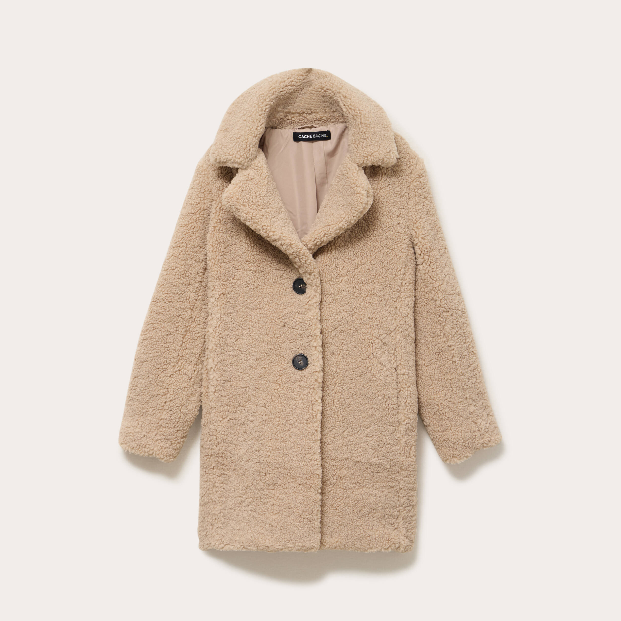 Manteau droit mi-long en bouclette beige femme