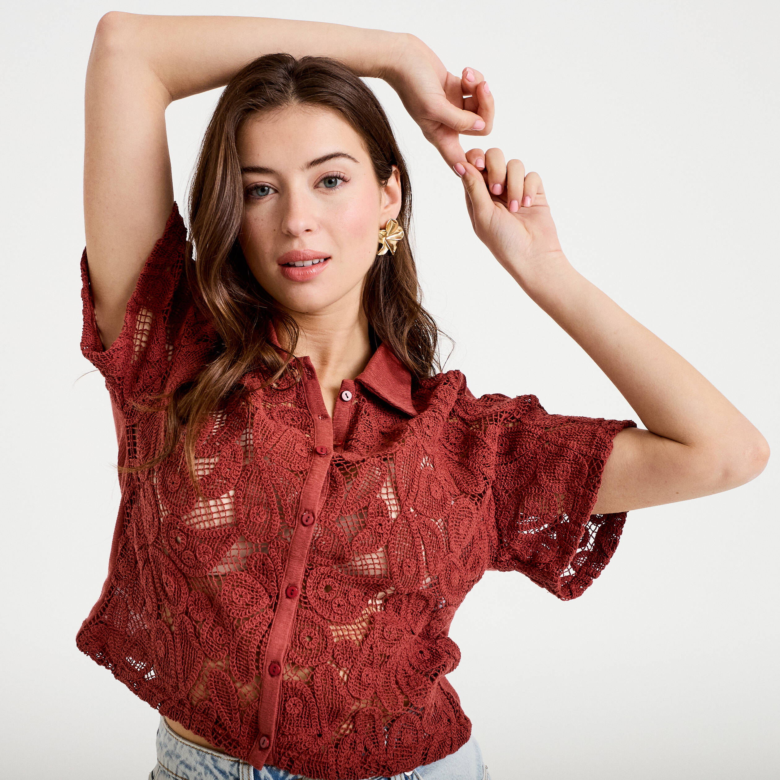 Chemise macram&eacute; manches courtes vieux rose femme