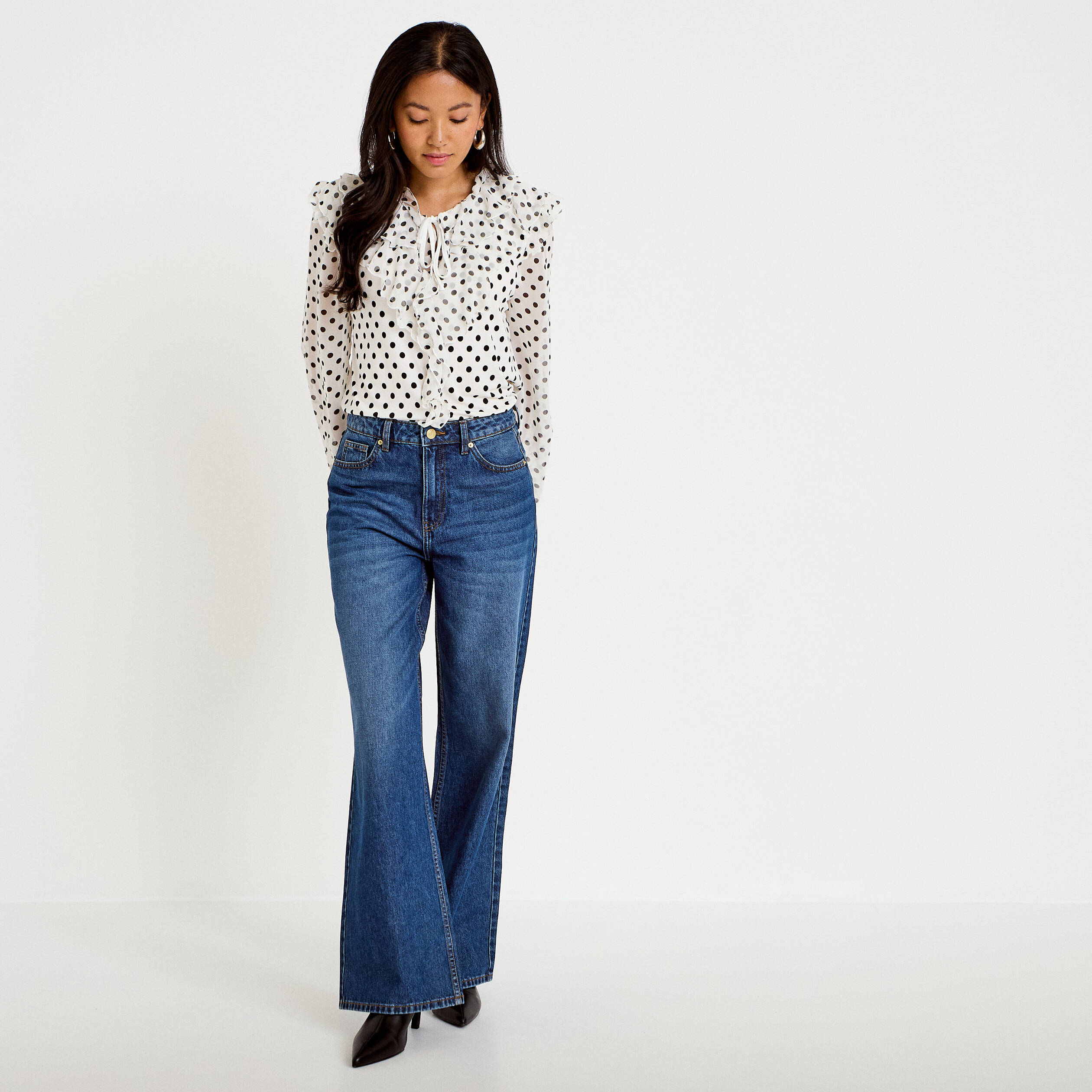 Jeans wide leg taille haute bleu fonc&eacute; femme