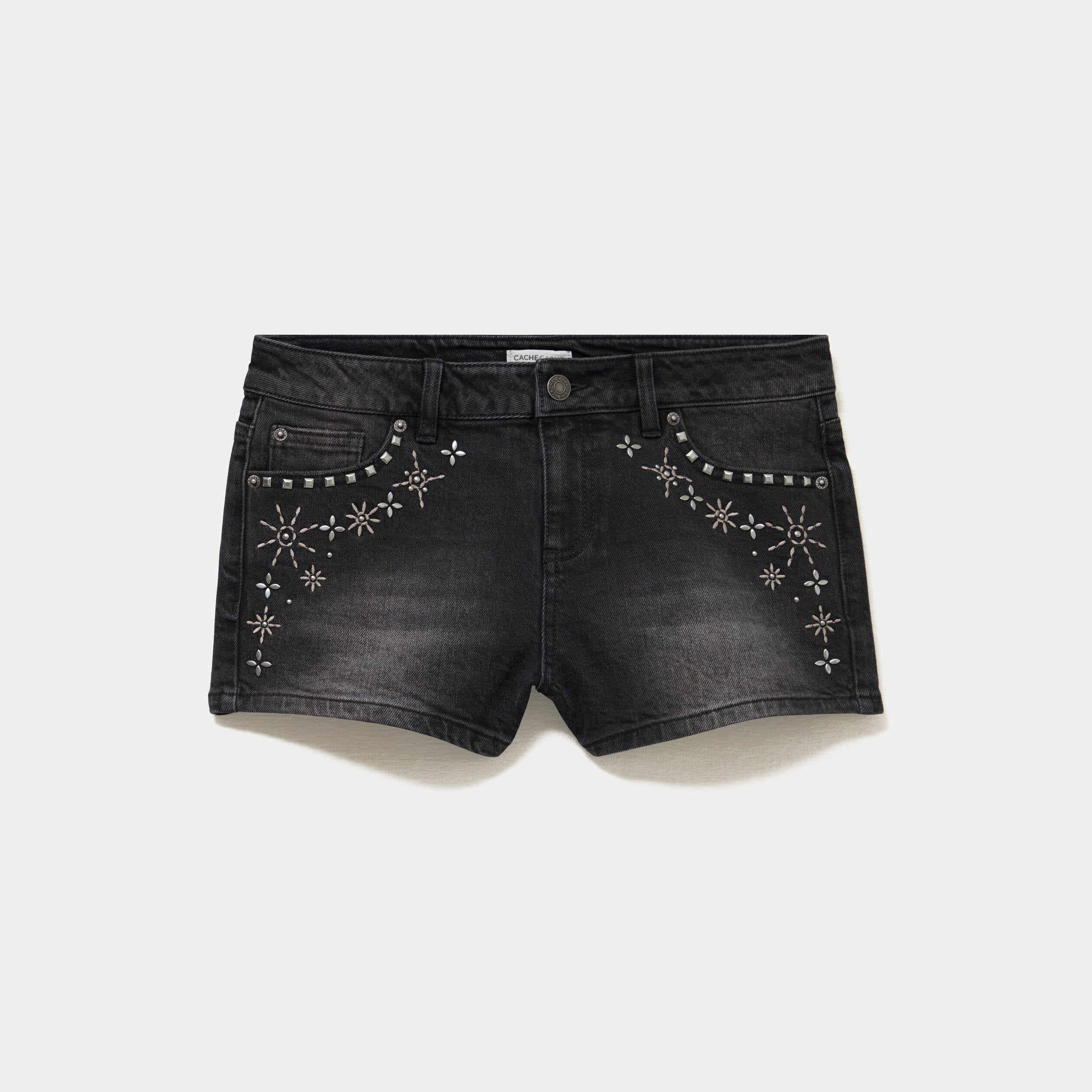 Short en jean avec broderie denim noir femme