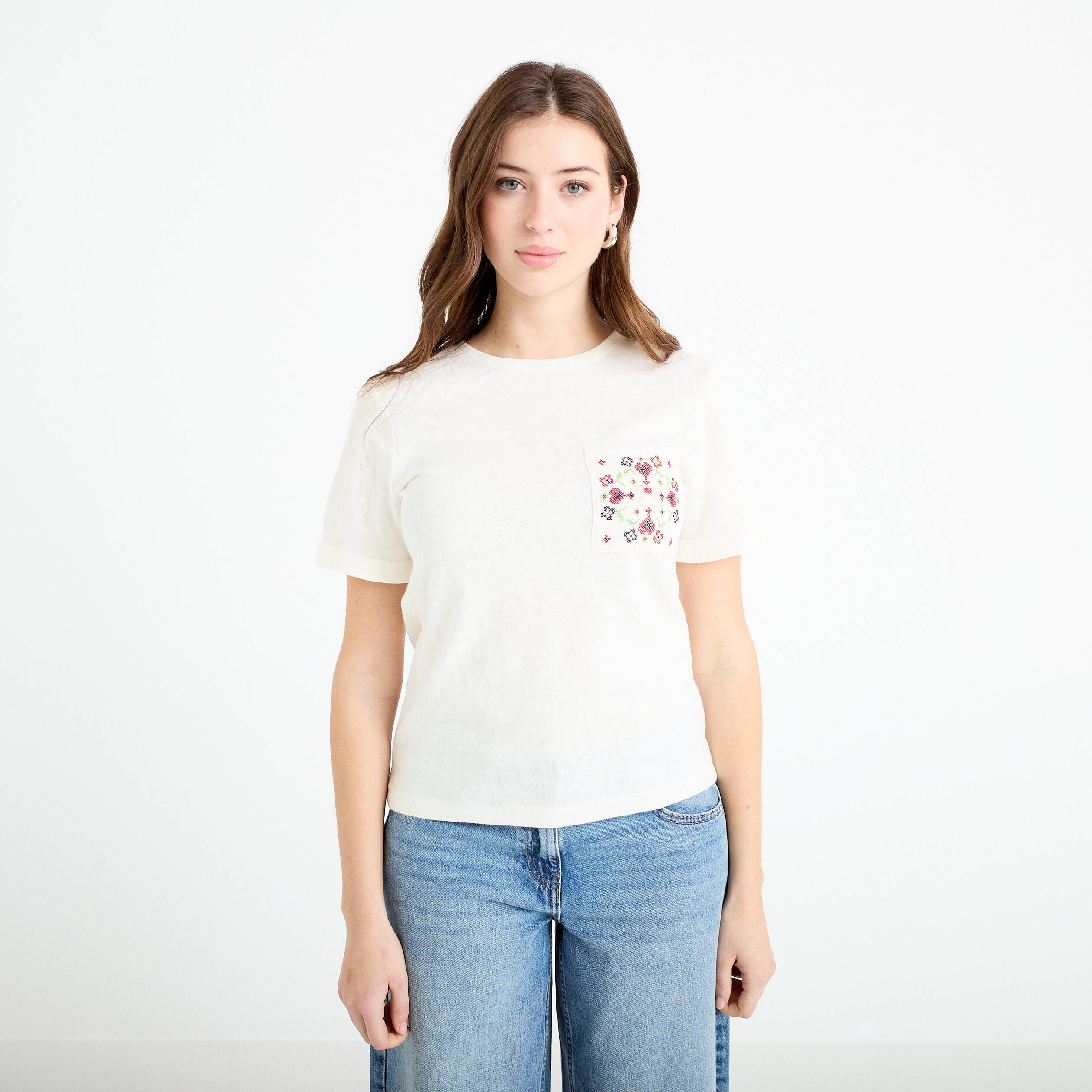 T-shirt col rond manches courtes ecru femme