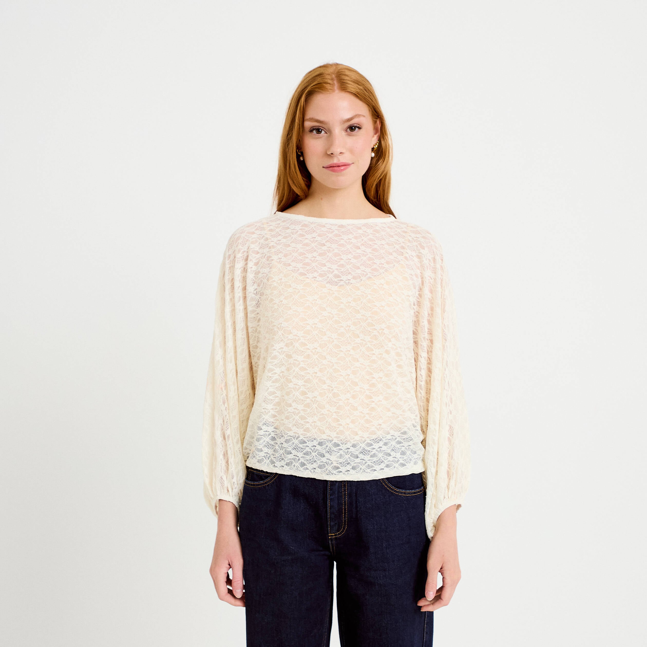 Blouse dentelle col rond manches longues ecru femme