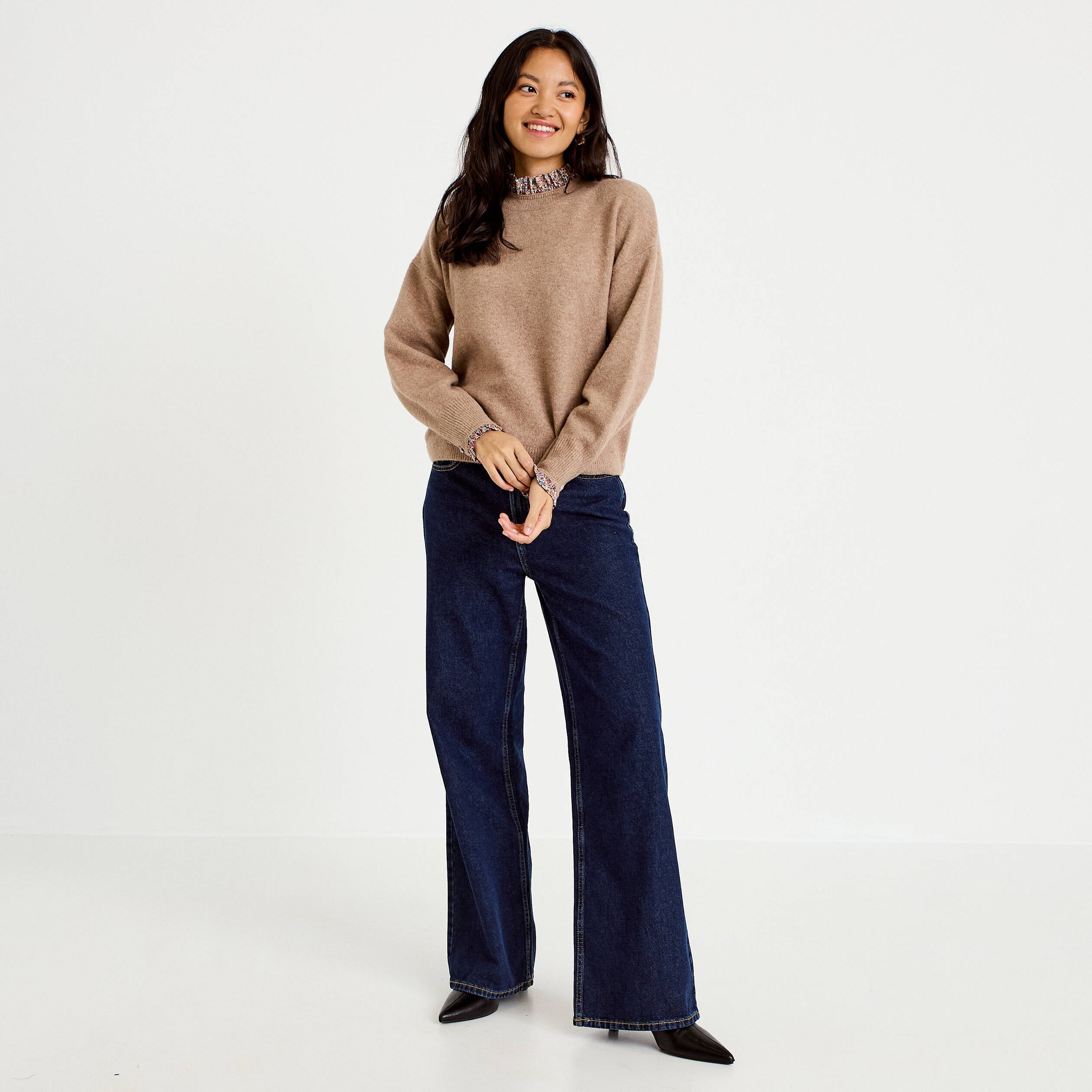 Pull col rond manches longues beige femme