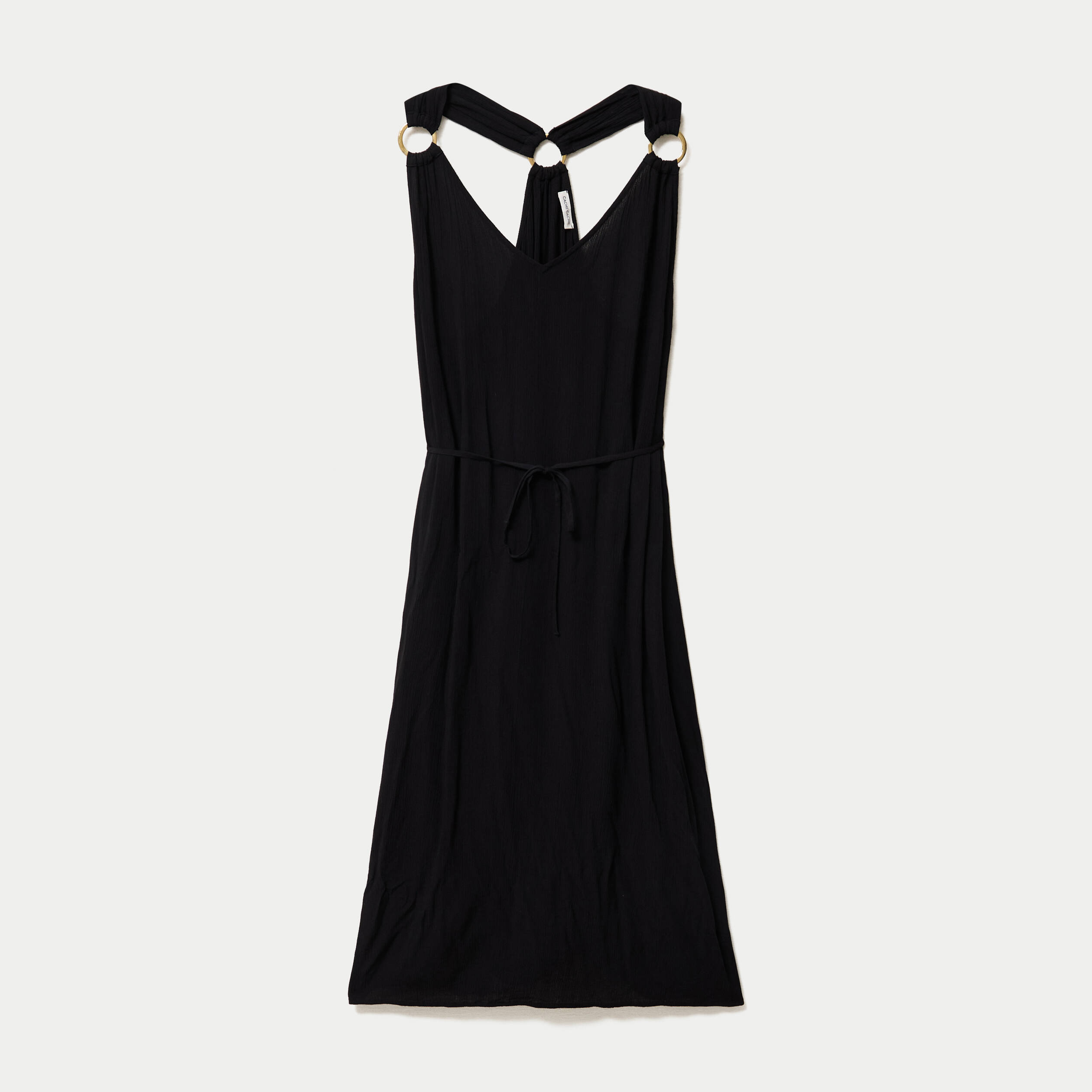 Robe longue droite fines bretelles col v noir femme