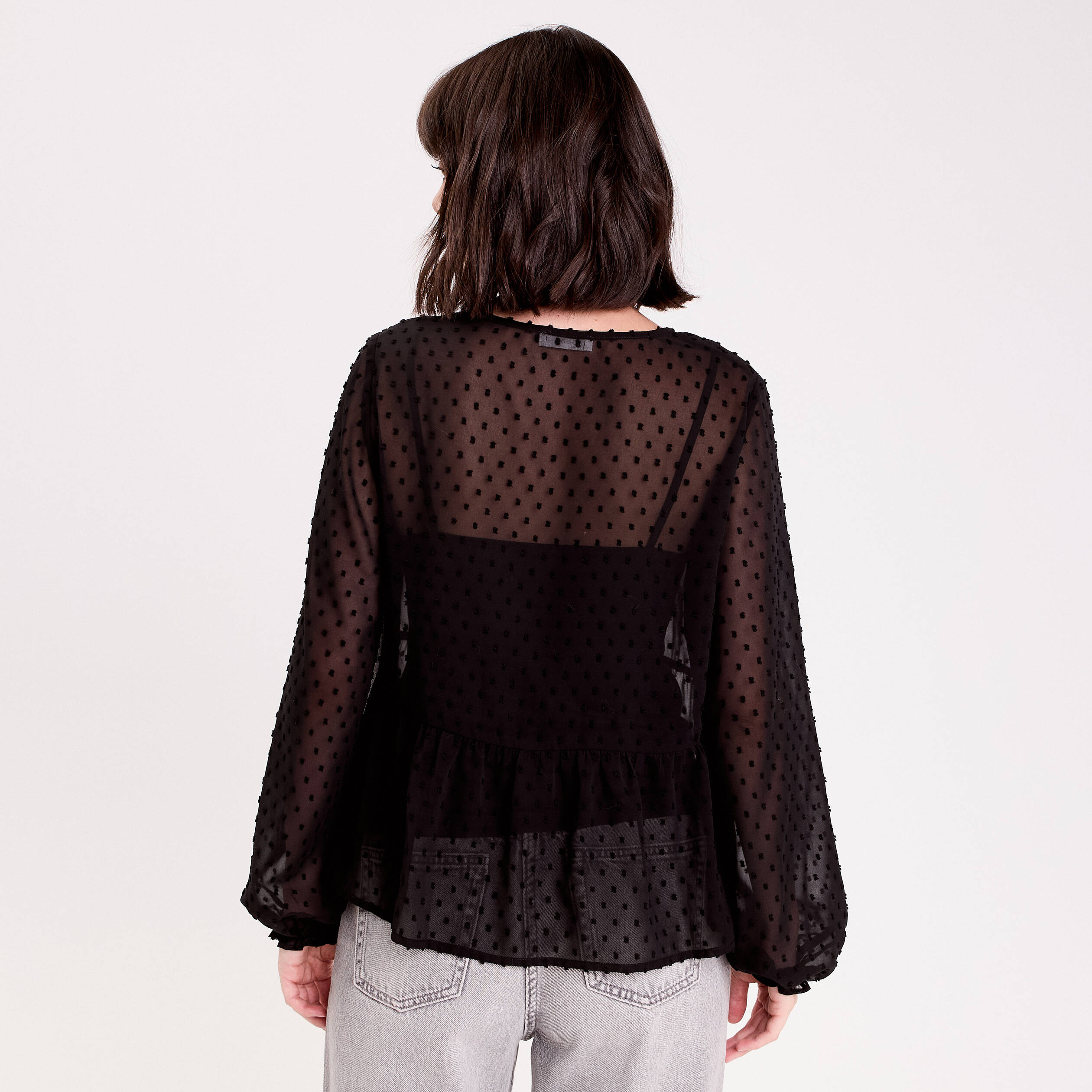 Blouse courte droite col v noir femme
