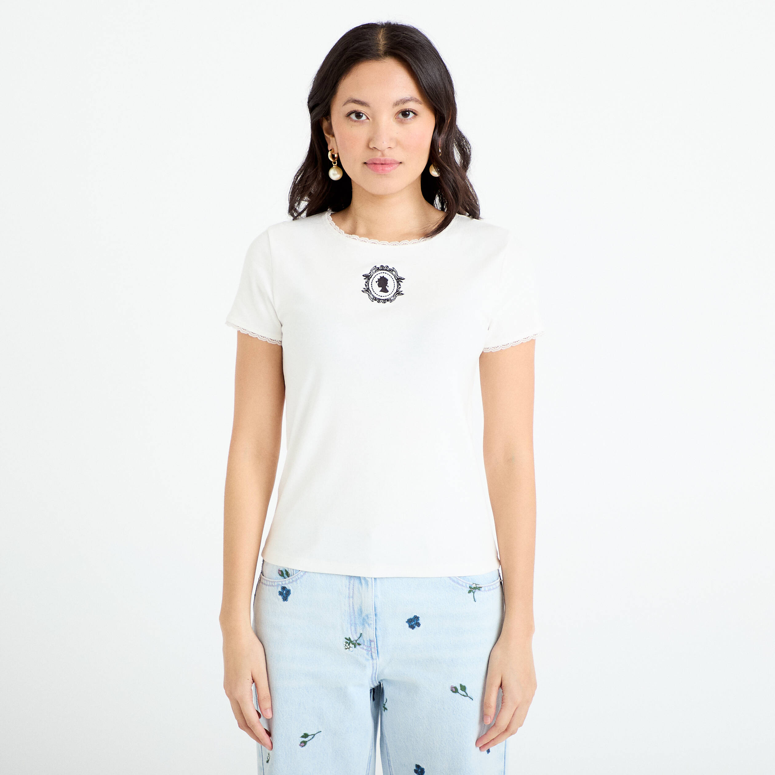 T-shirt col rond brod&eacute; Bridgerton ecru femme
