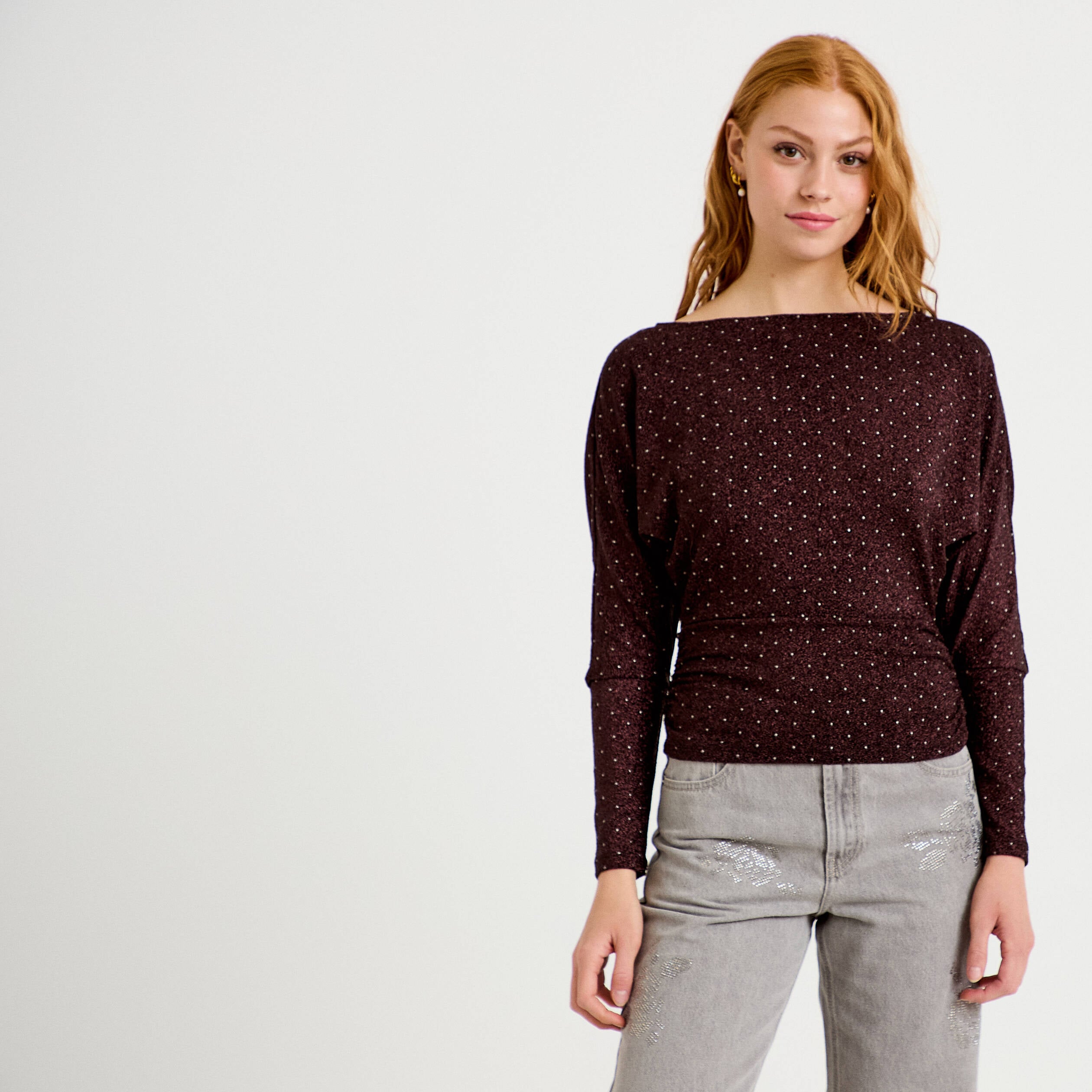 Top droit col bateau manches longues violet fonc&eacute; femme