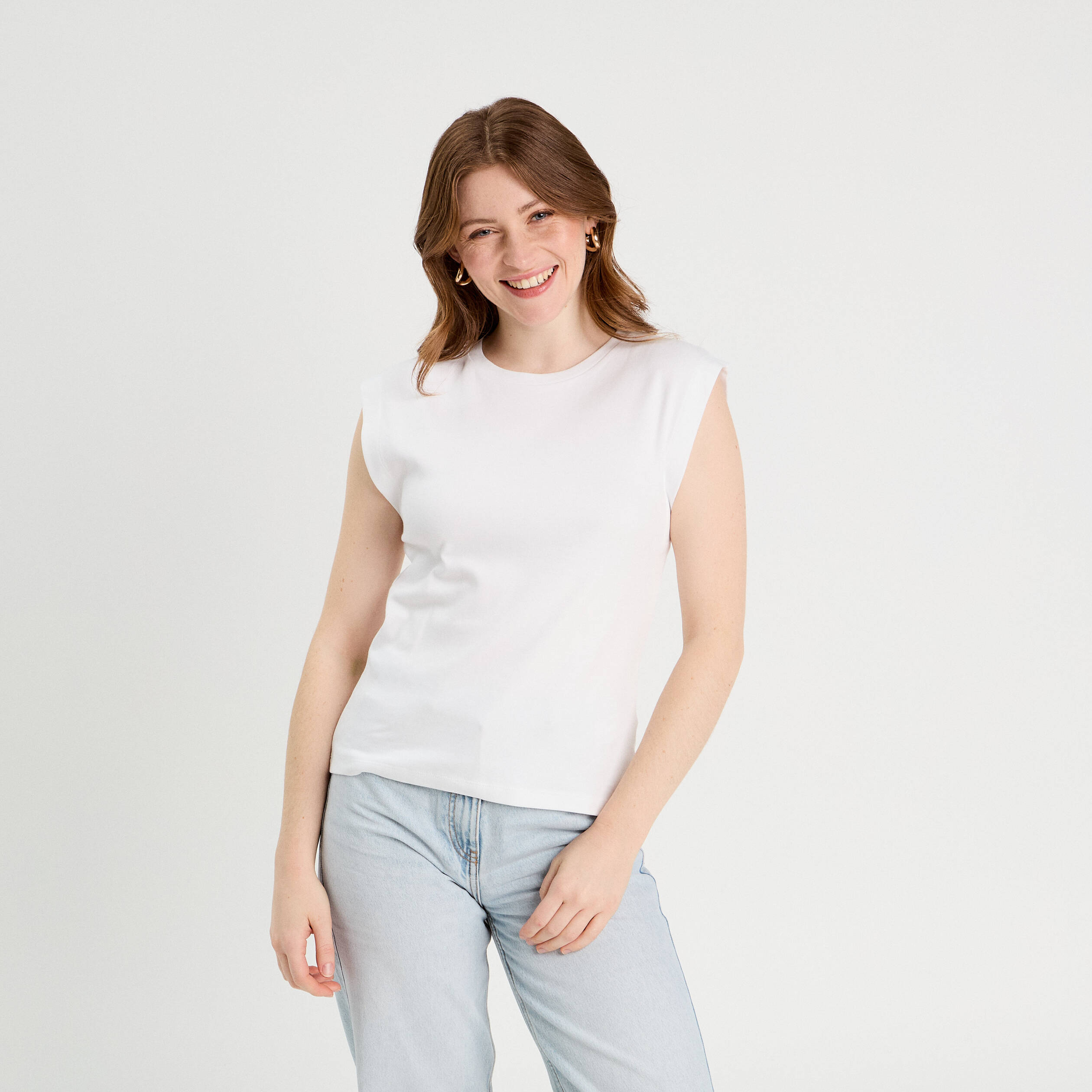 T-shirt col rond sans manches blanc femme