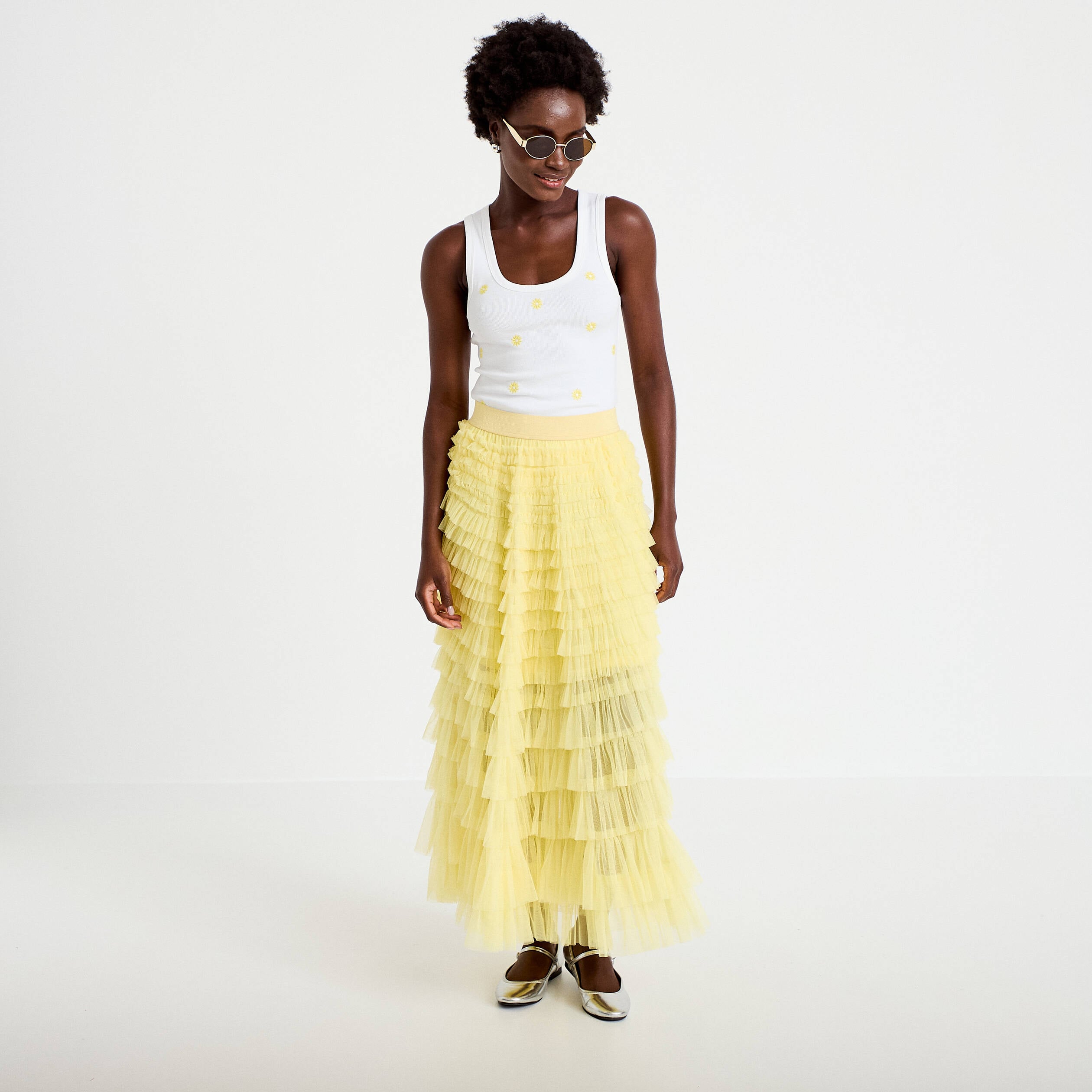 Jupe longue &eacute;vas&eacute;e jaune pastel femme