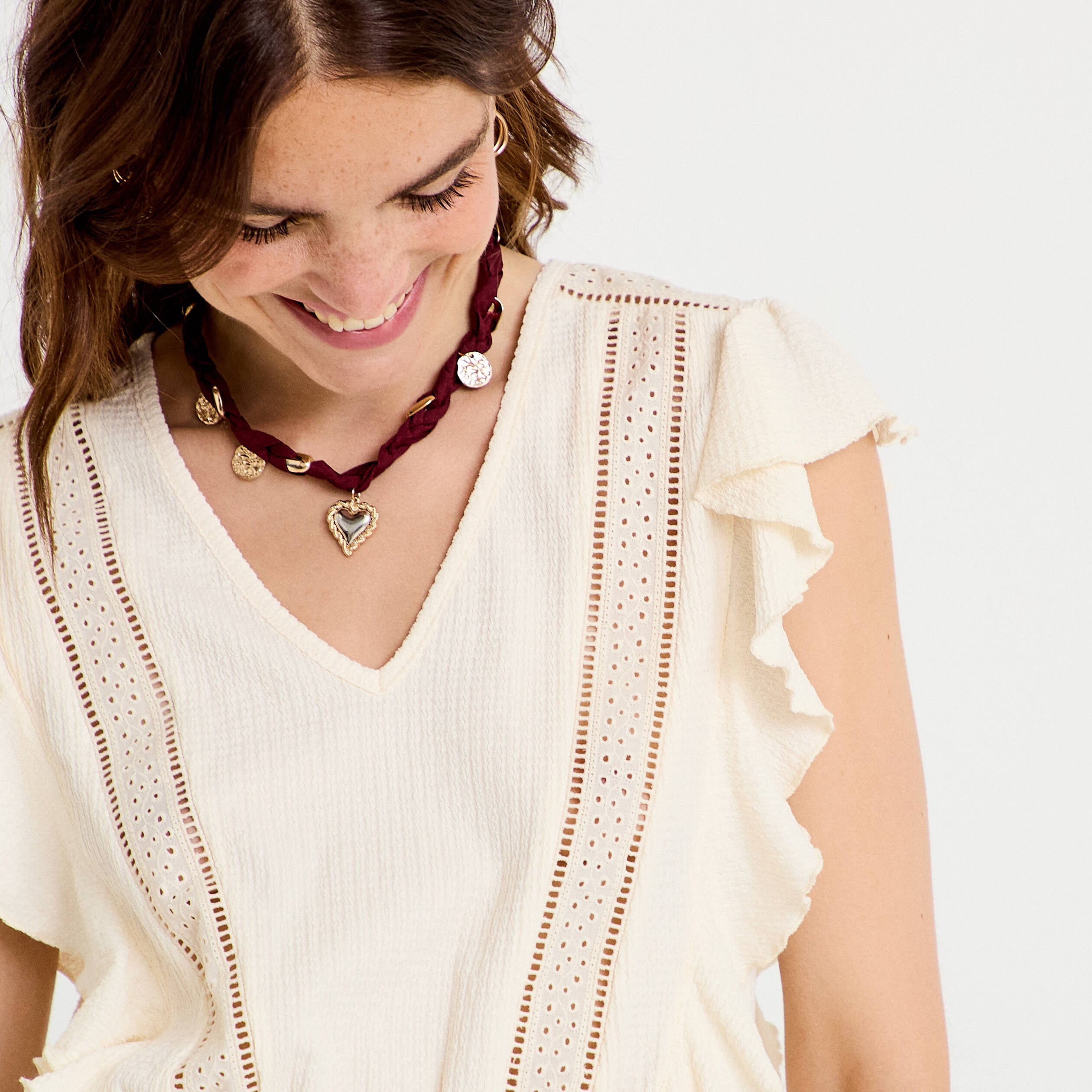Blouse col rond manches courtes dentelle ecru femme