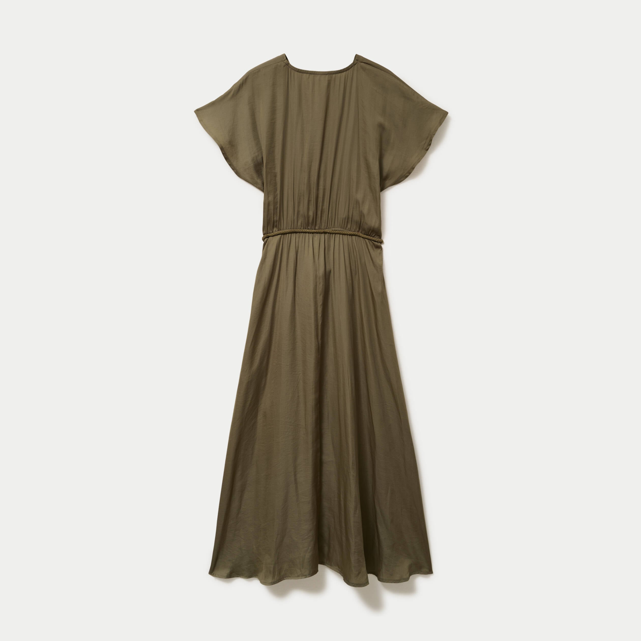 Robe longue &eacute;vas&eacute;e col v satin&eacute;e vert kaki femme