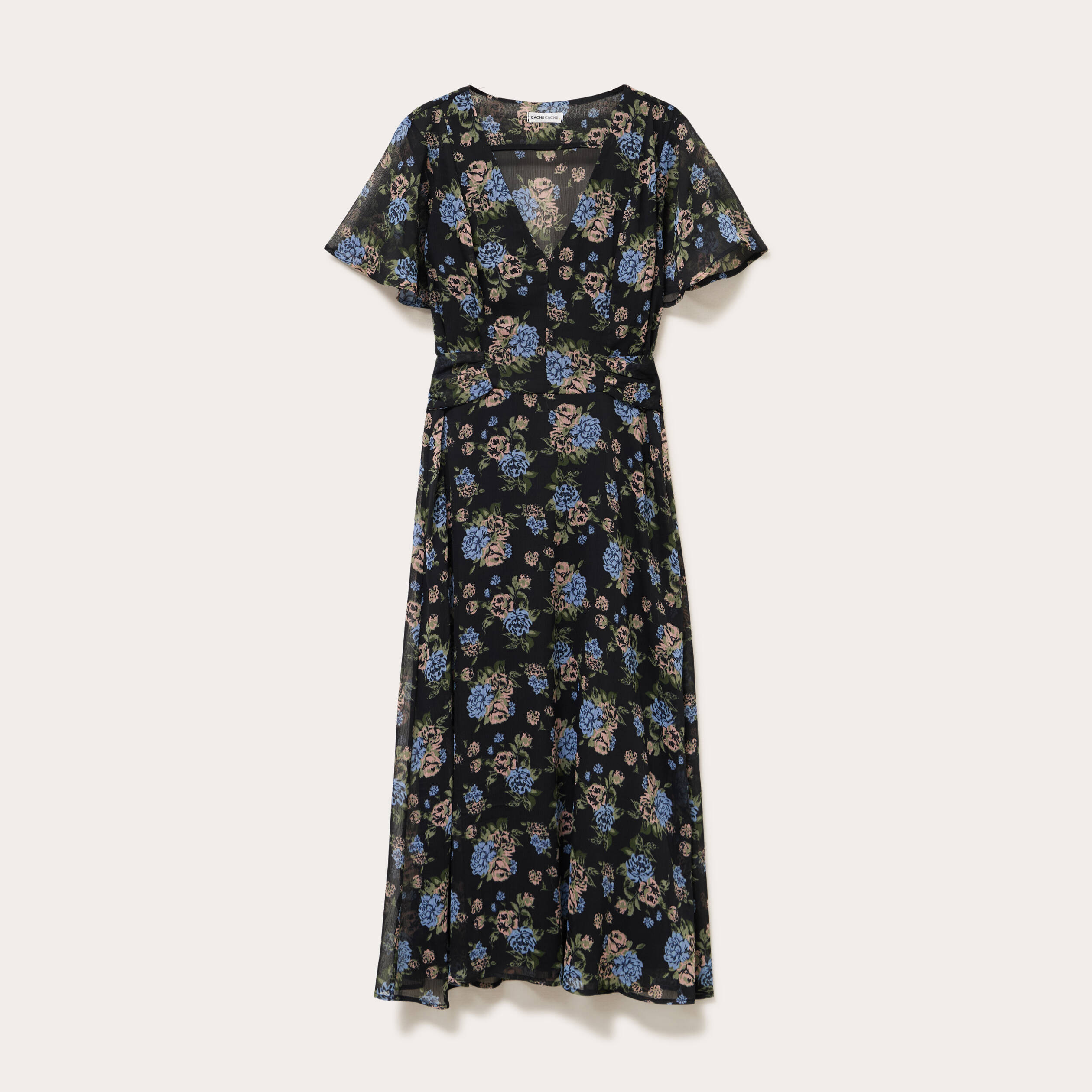 Robe &eacute;vas&eacute;e col v manches courtes noir femme