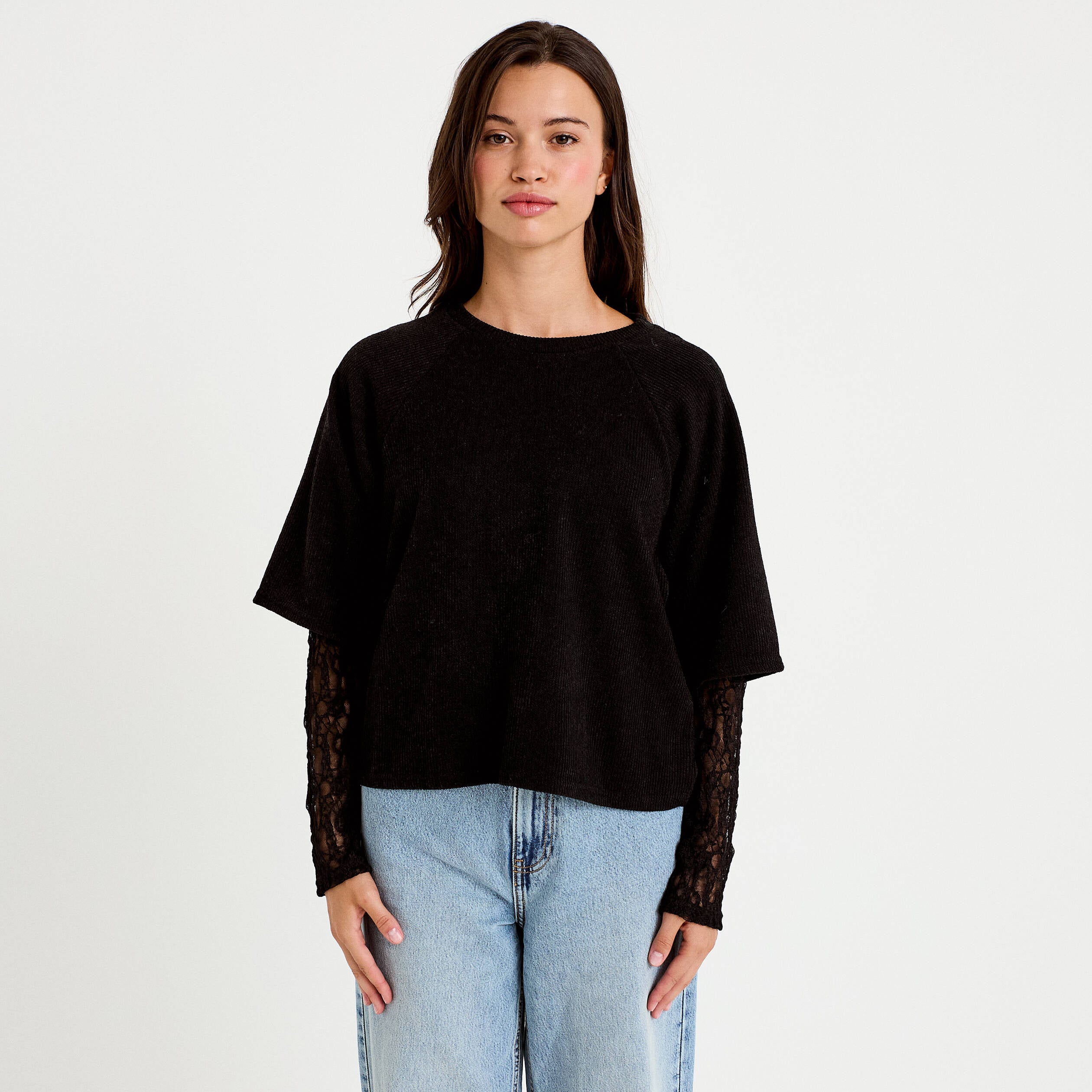 Top bi-mati&egrave;re dentelle col rond noir femme