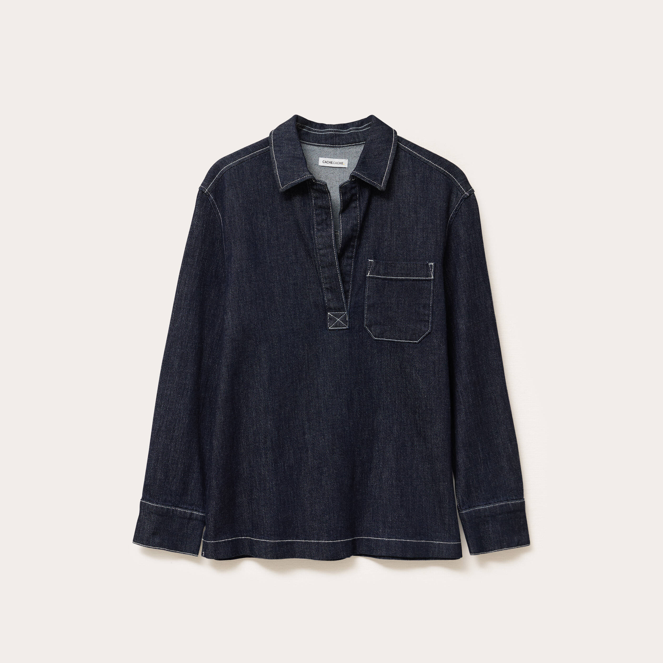 Blouse col chemise manches longues denim brut femme