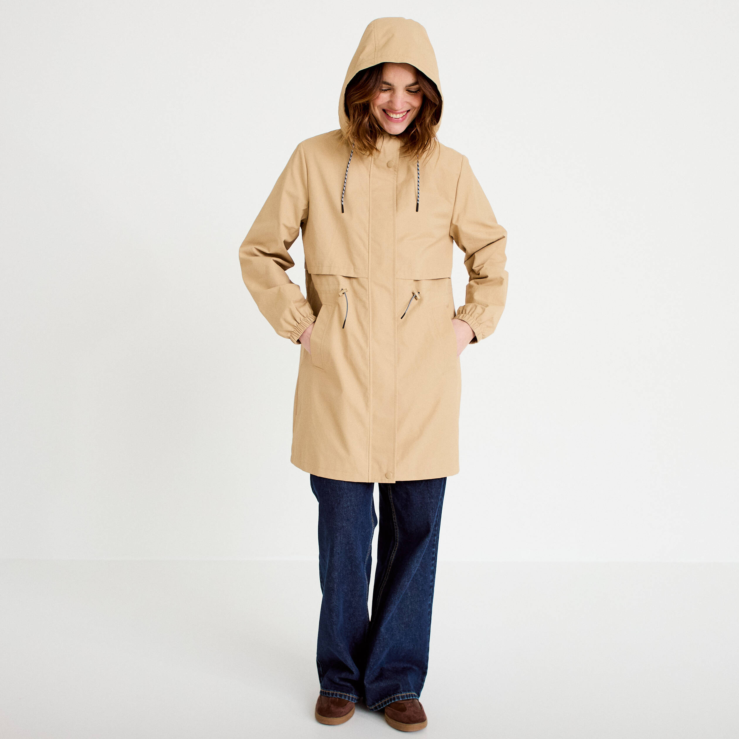 Parka &agrave; capuche taille ajustable beige femme