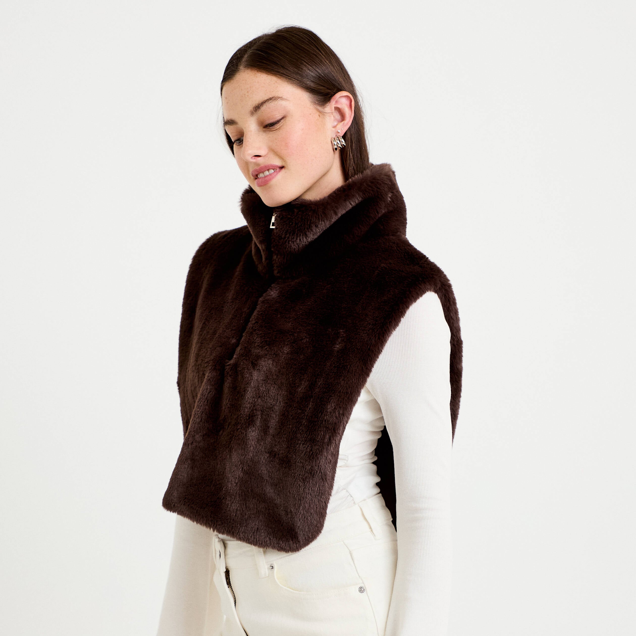 Cache-cou en fausse fourrure marron fonc&eacute; femme