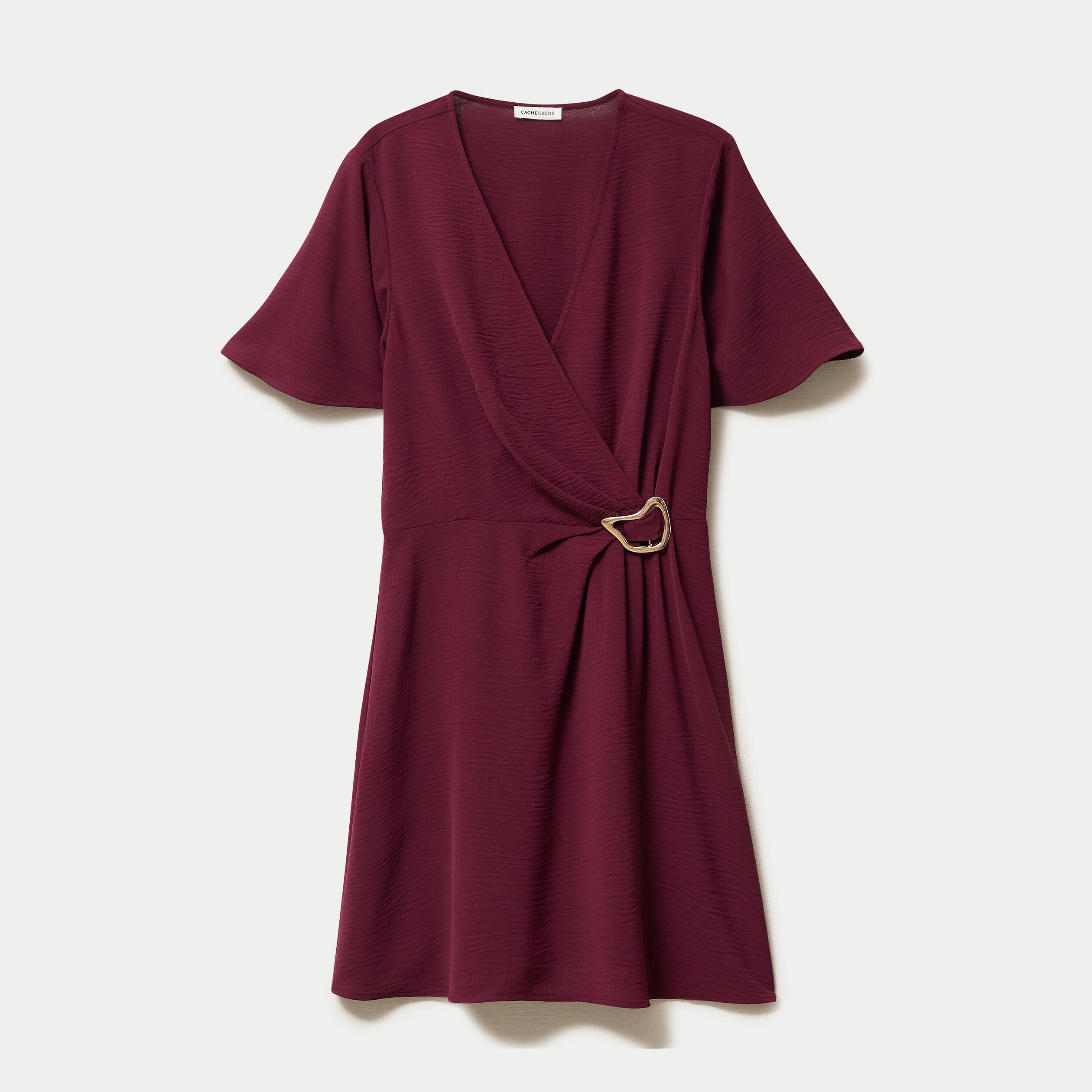 Robe courte &eacute;vas&eacute;e col v manches courtes bordeaux femme
