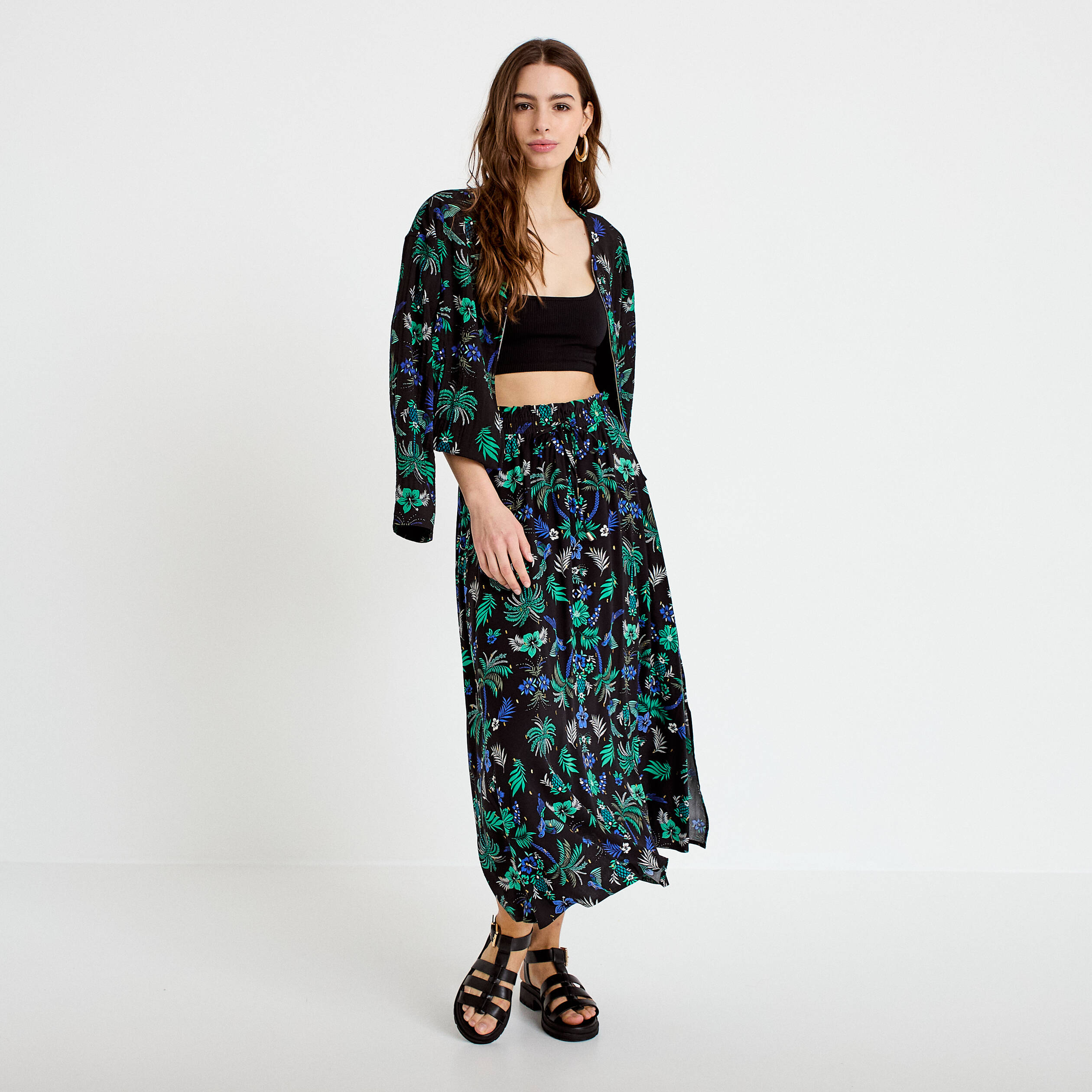 Jupe longue &eacute;vas&eacute;e taille haute noir femme