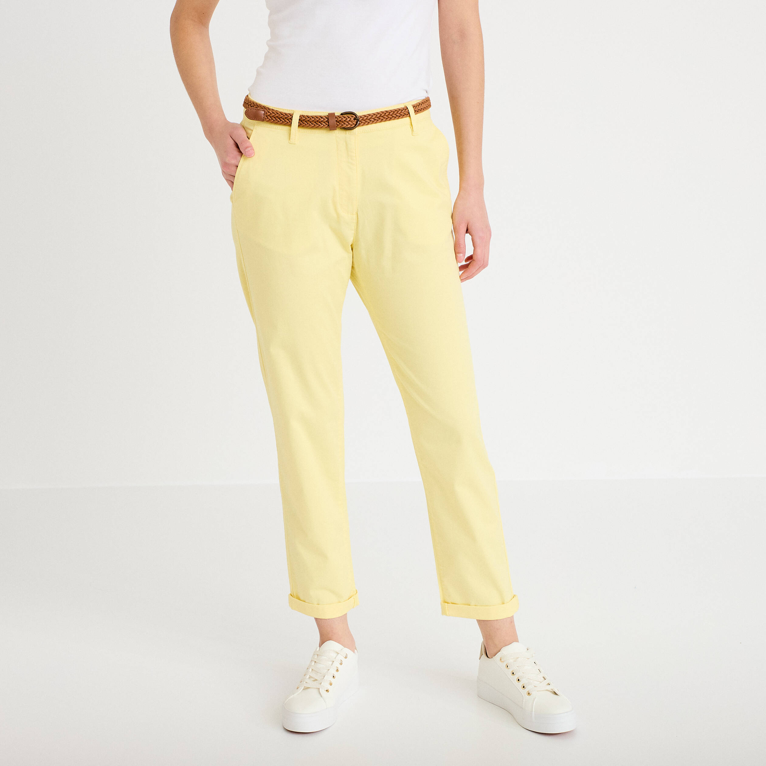 Pantalon chino 7/8&egrave;me jaune pastel femme
