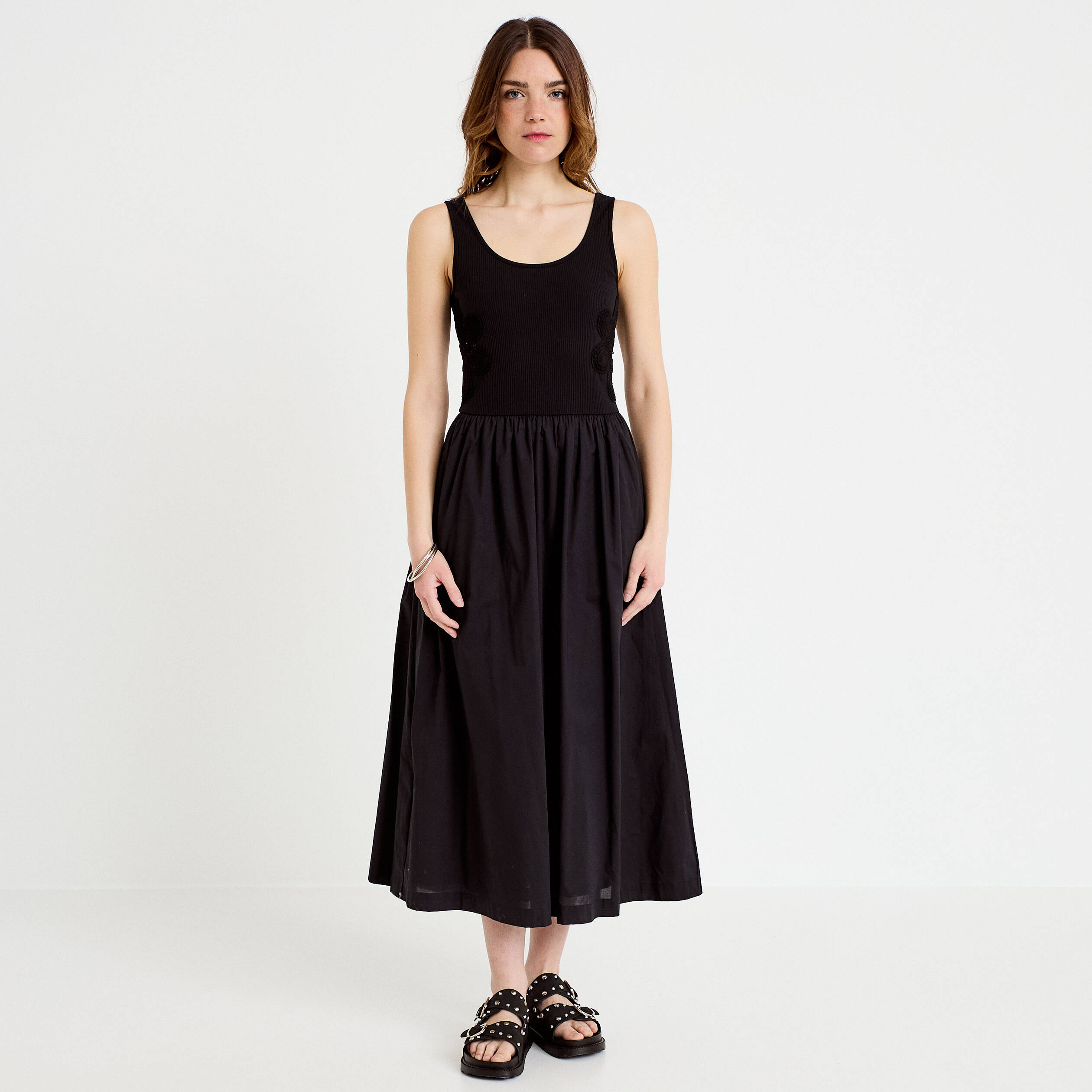 Robe longue &eacute;vas&eacute;e bi-mati&egrave;re noir femme