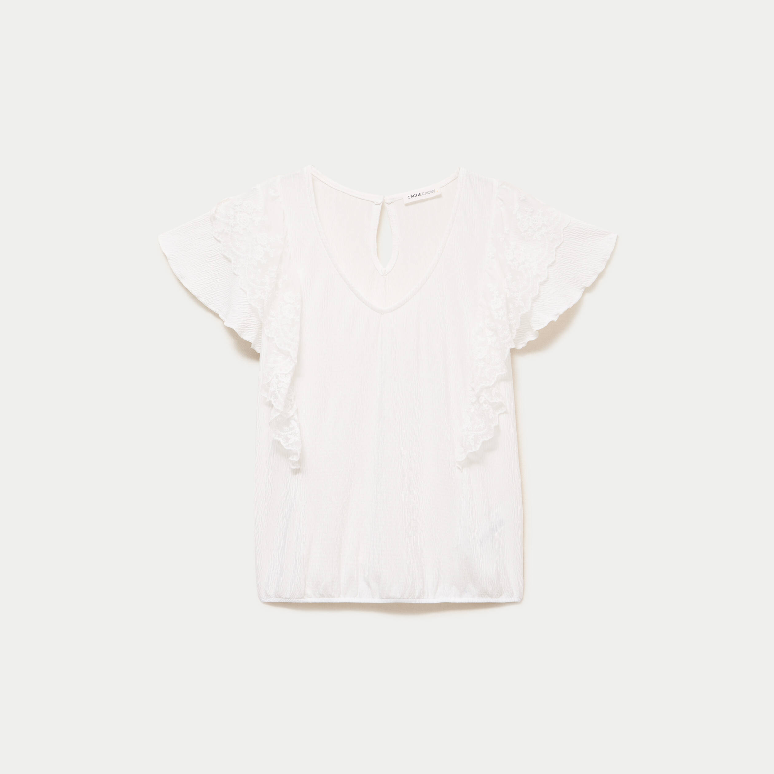 Blouse col v manches courtes dentelle ecru femme