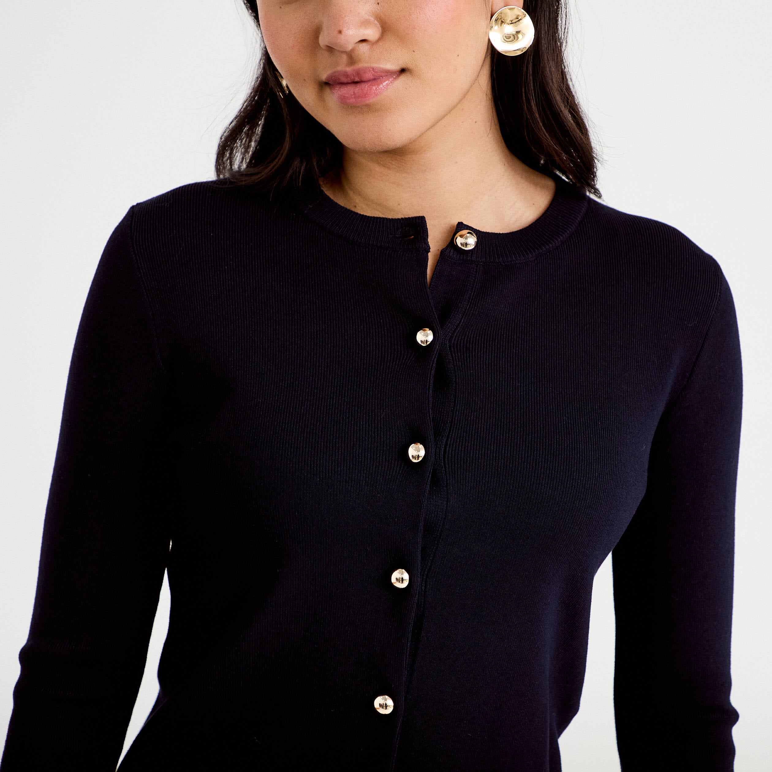 Gilet ajust&eacute; cropped col rond bleu marine femme
