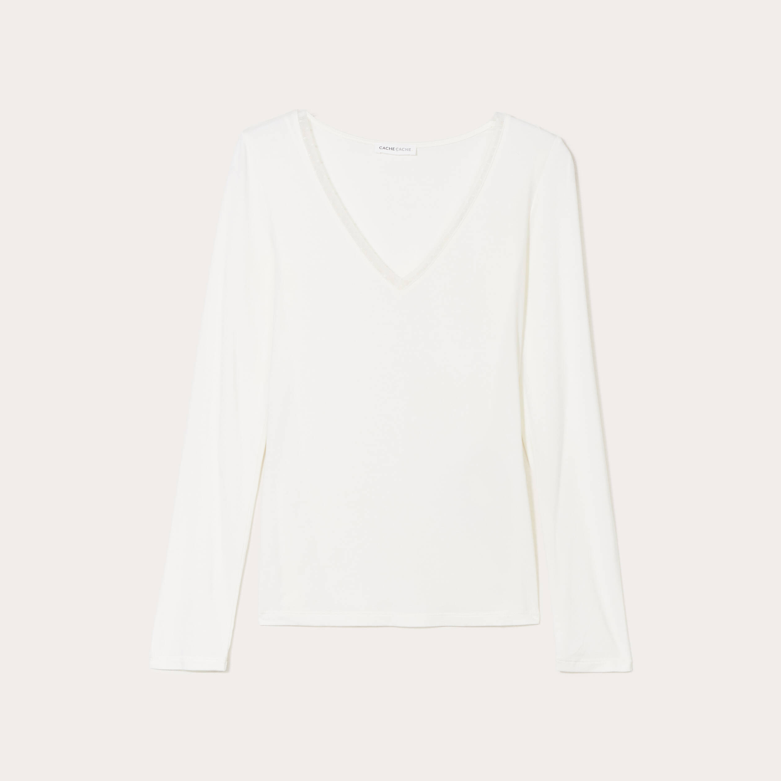 T-shirt thermique col en V plumetis ecru femme