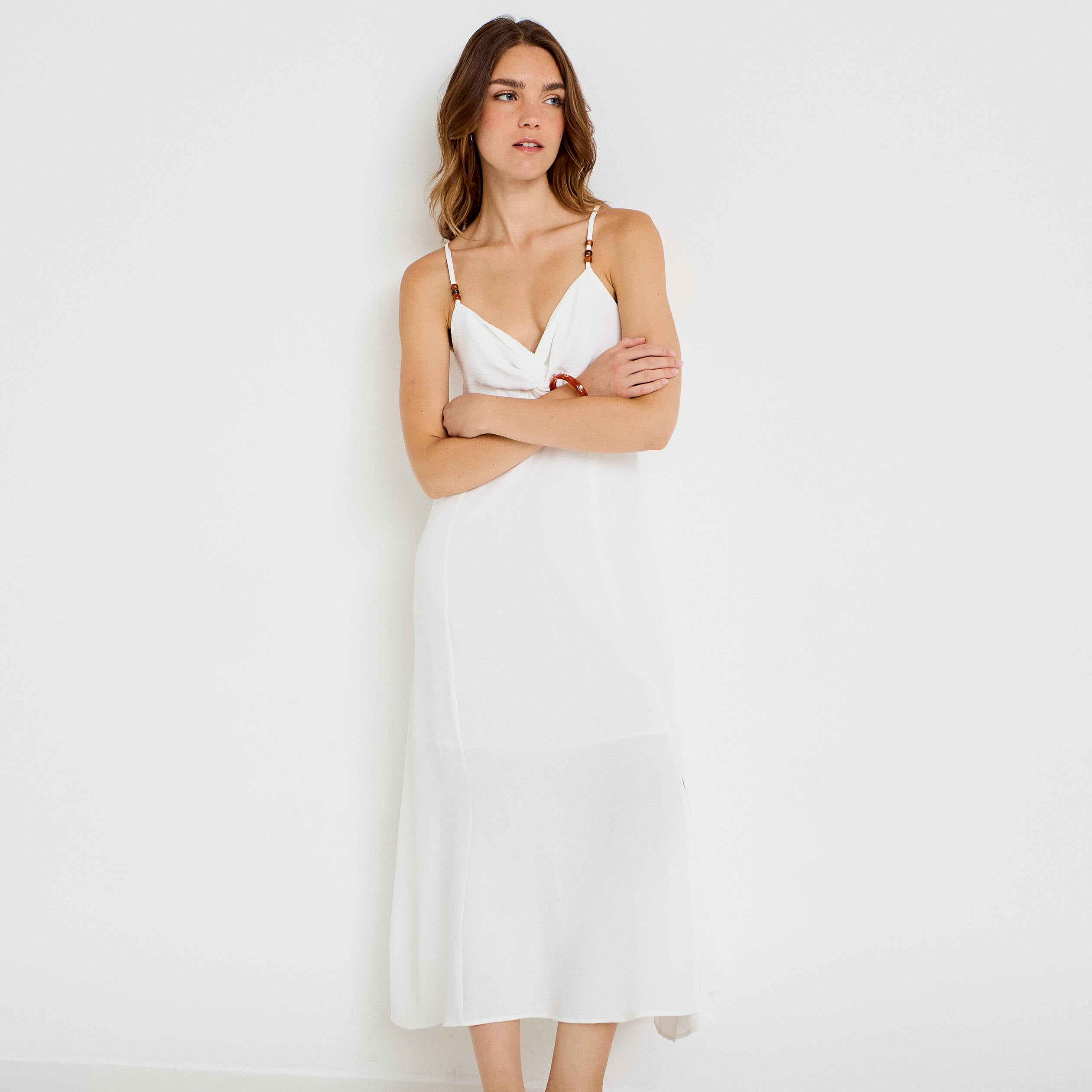 Robe longue &eacute;vas&eacute;e &agrave; fines bretelles ecru femme