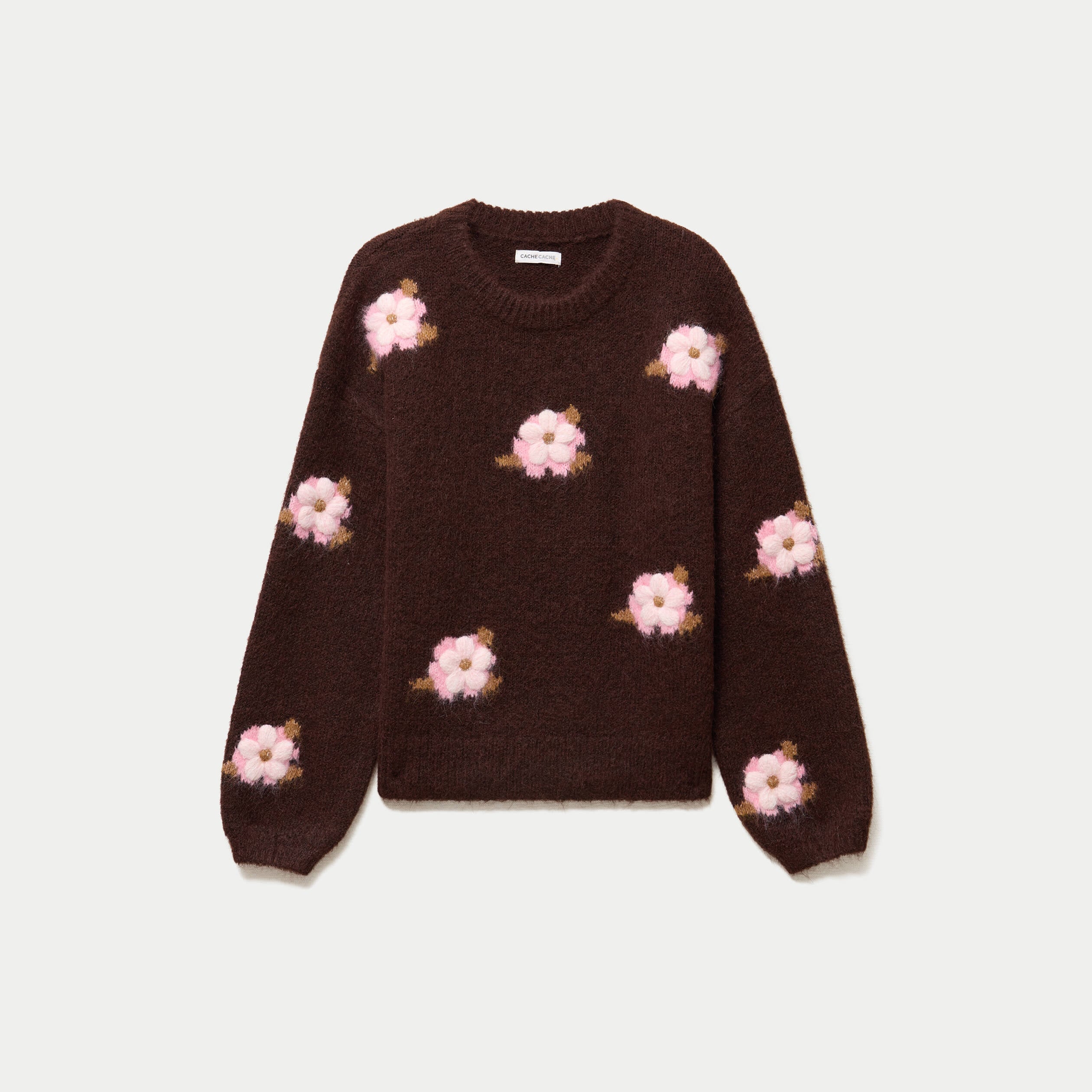 Pull ample col rond manches longues marron fonc&eacute; femme