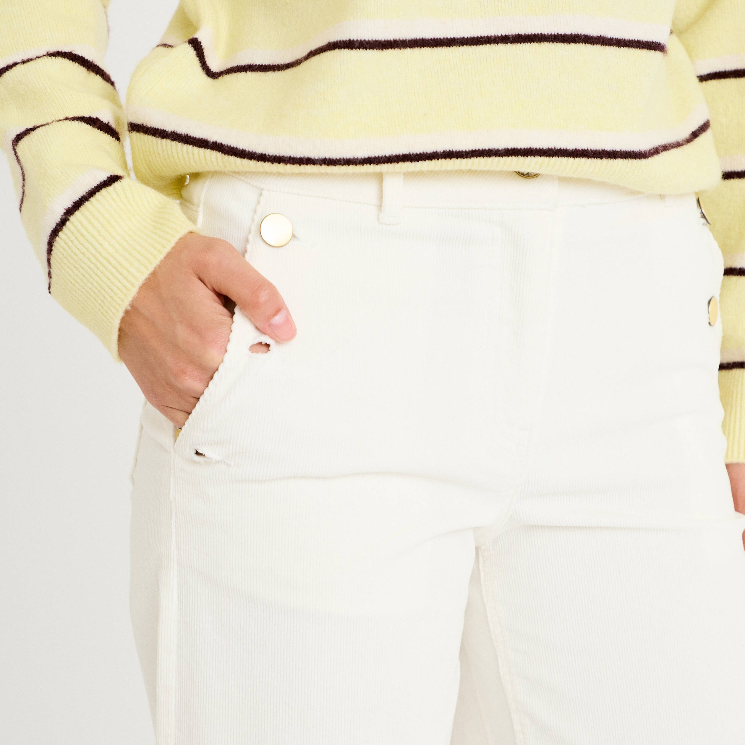 Pantalon taille haute velours ecru femme