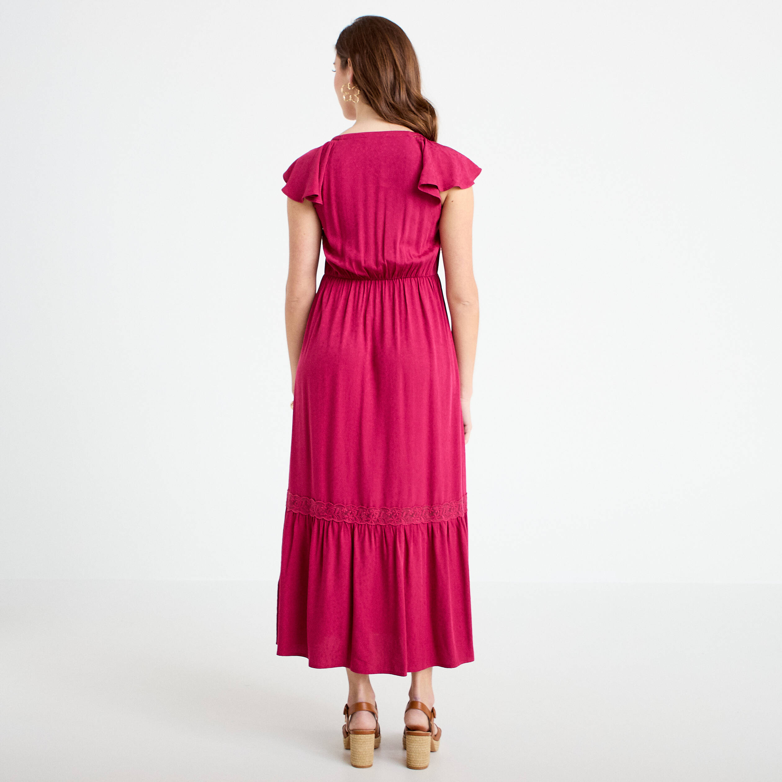 Robe longue &eacute;vas&eacute;e col v manches courtes rouge femme