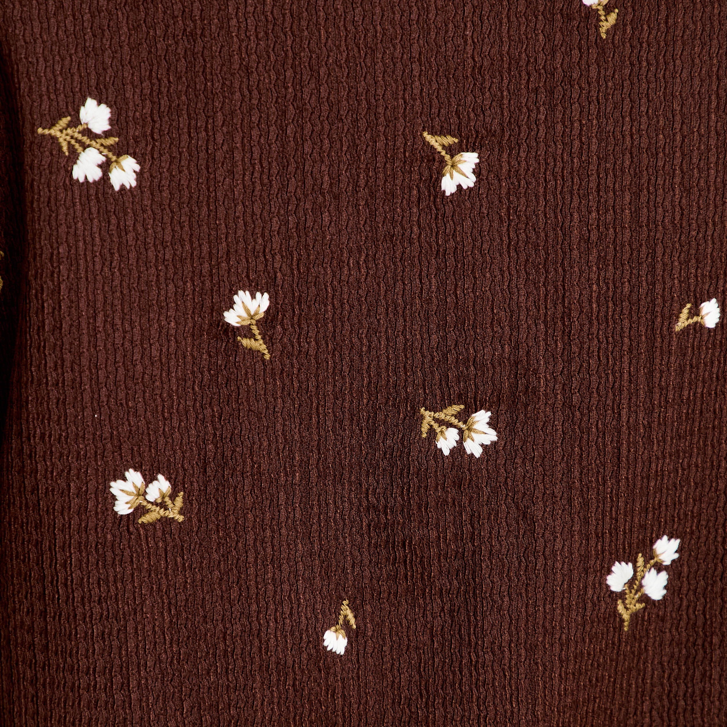 Chemise droite broderie manches longues marron fonc&eacute; femme