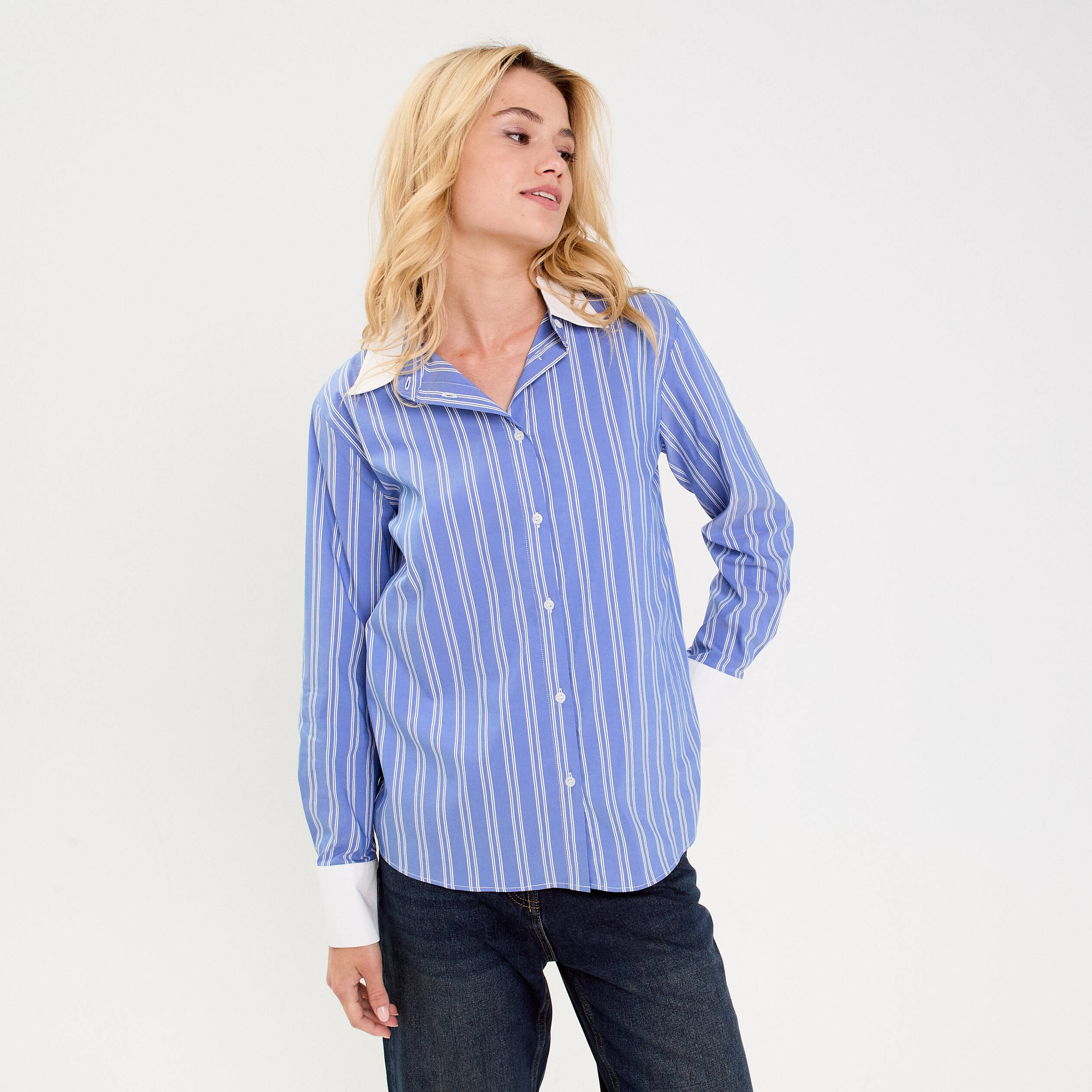 Chemise droite longue manches longues bleu lavande femme