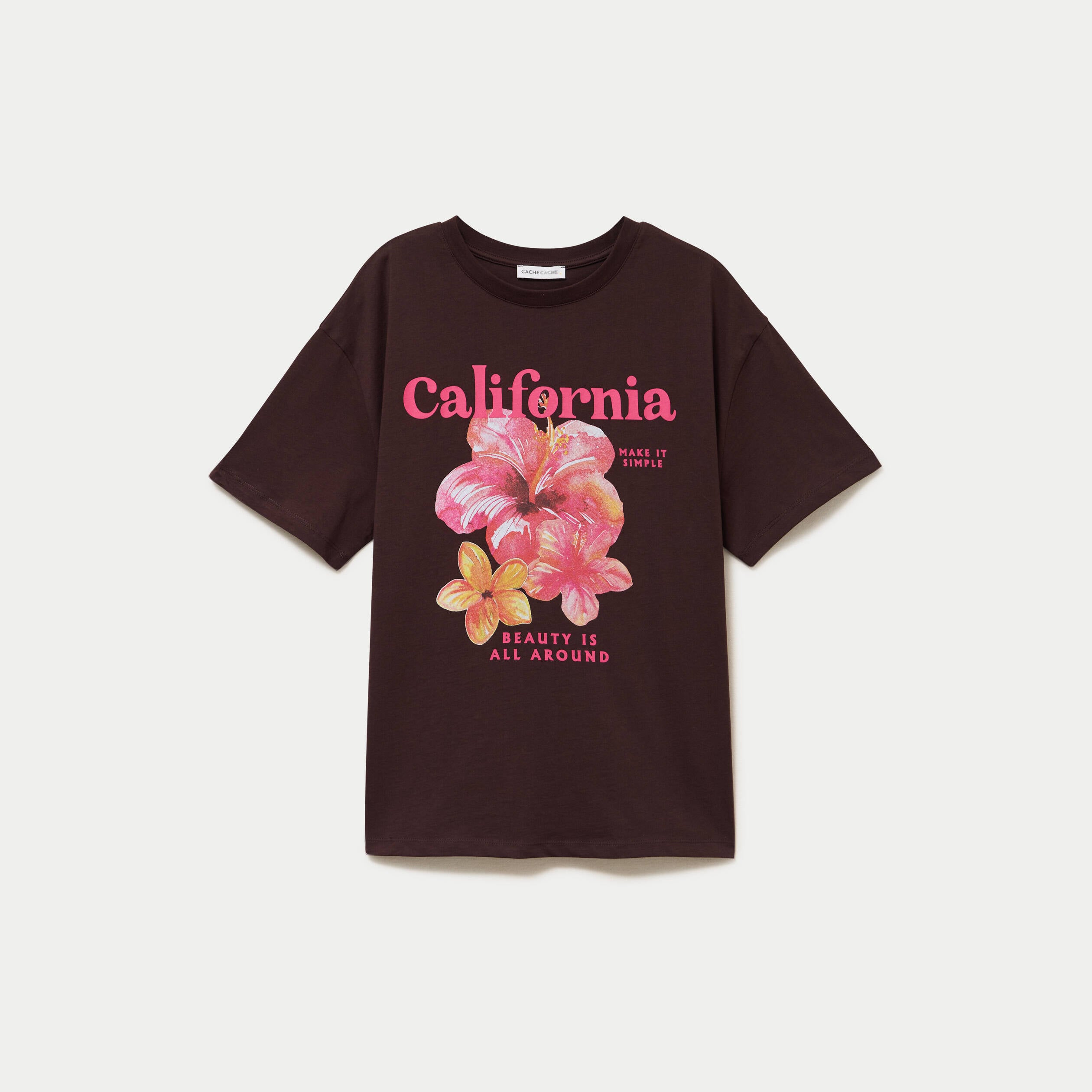 T-shirt col rond manches courtes marron femme