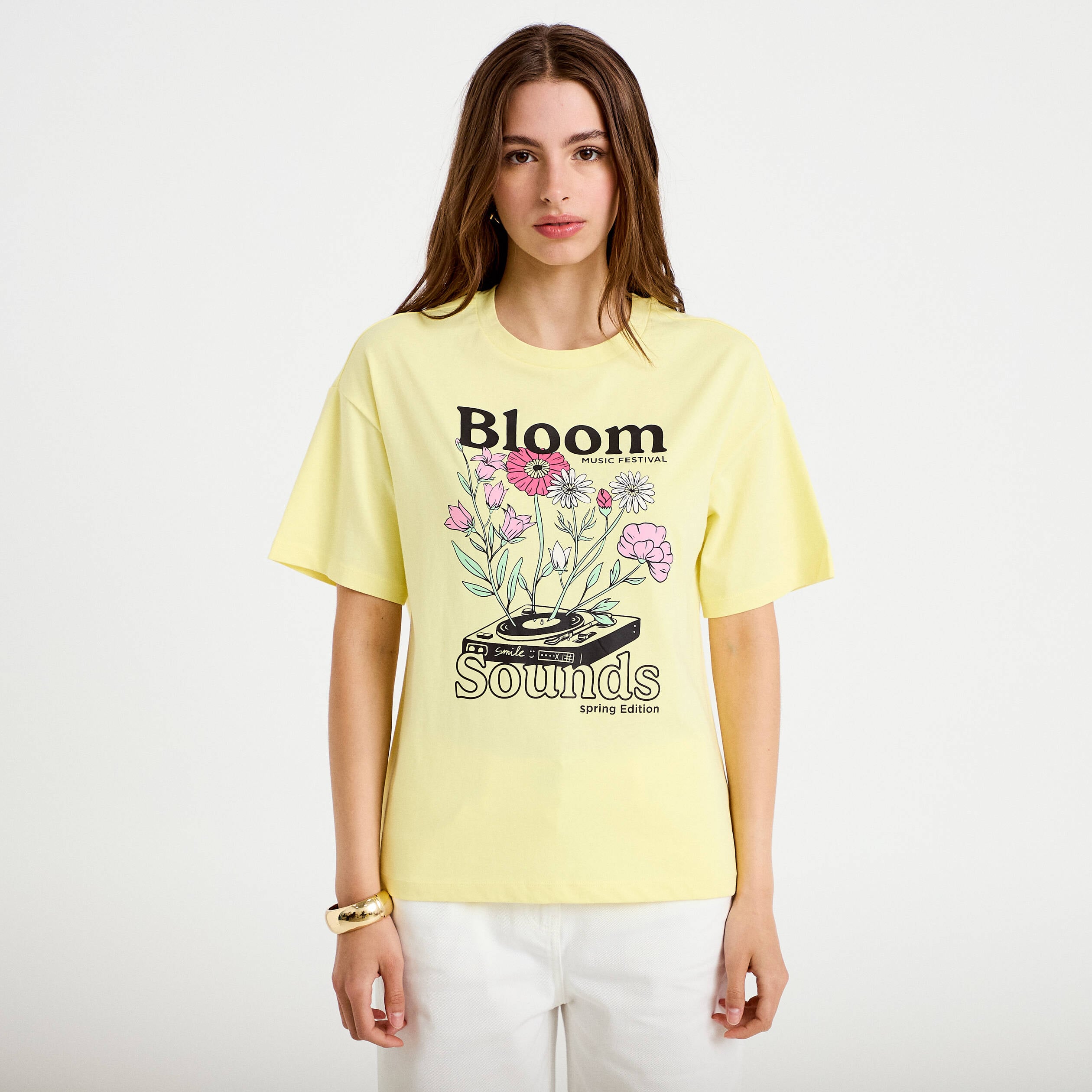 T-shirt oversize manches courtes jaune pastel femme