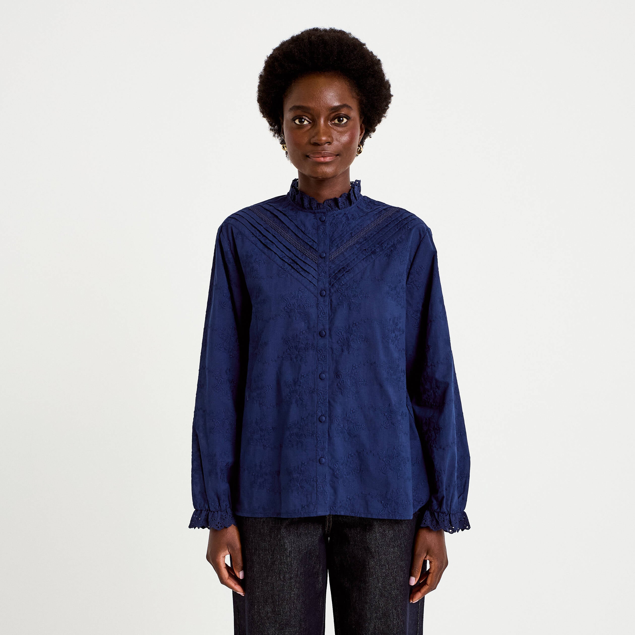 Blouse ample col montant manches longues bleu marine femme