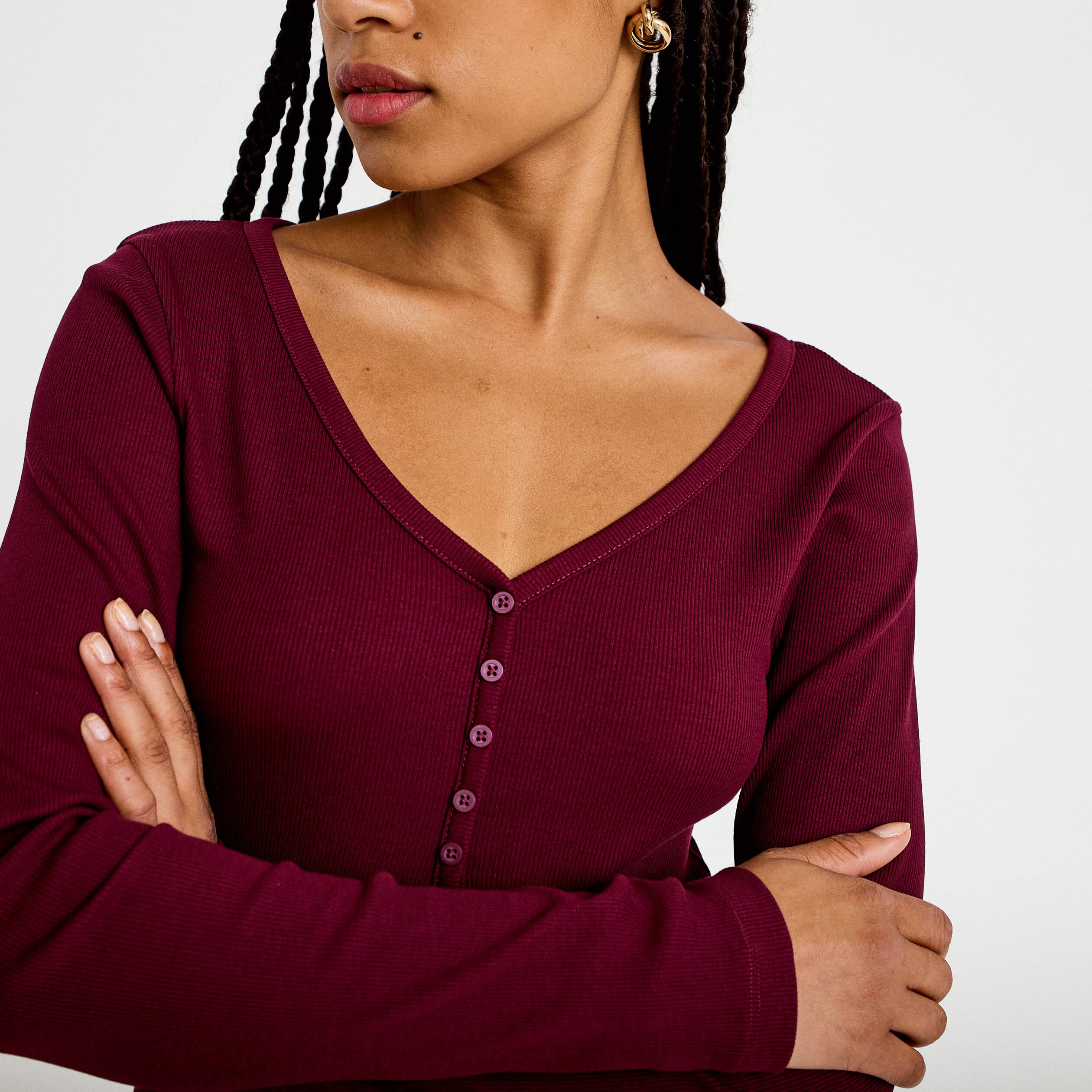 T-shirt c&ocirc;tel&eacute; ajust&eacute; manches longues bordeaux femme