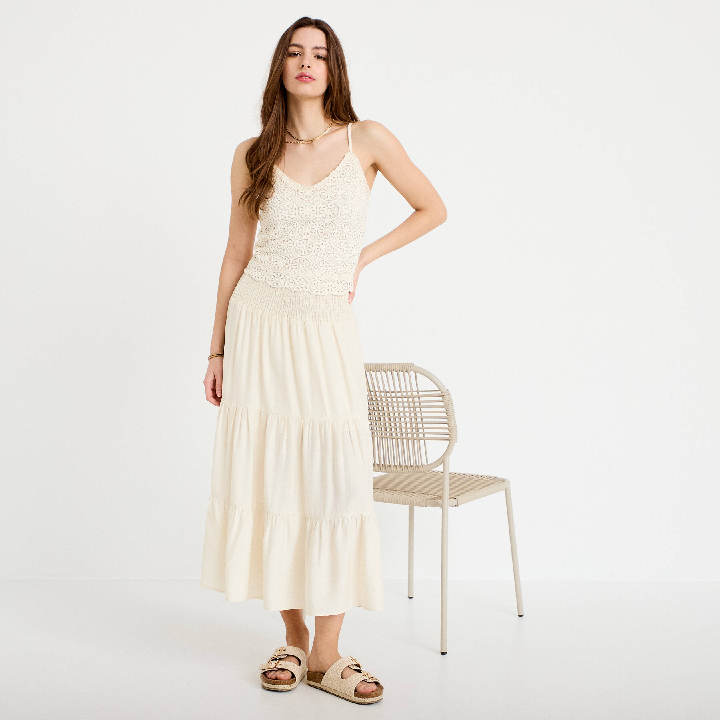 Jupon &eacute;vas&eacute; taille haute ecru femme