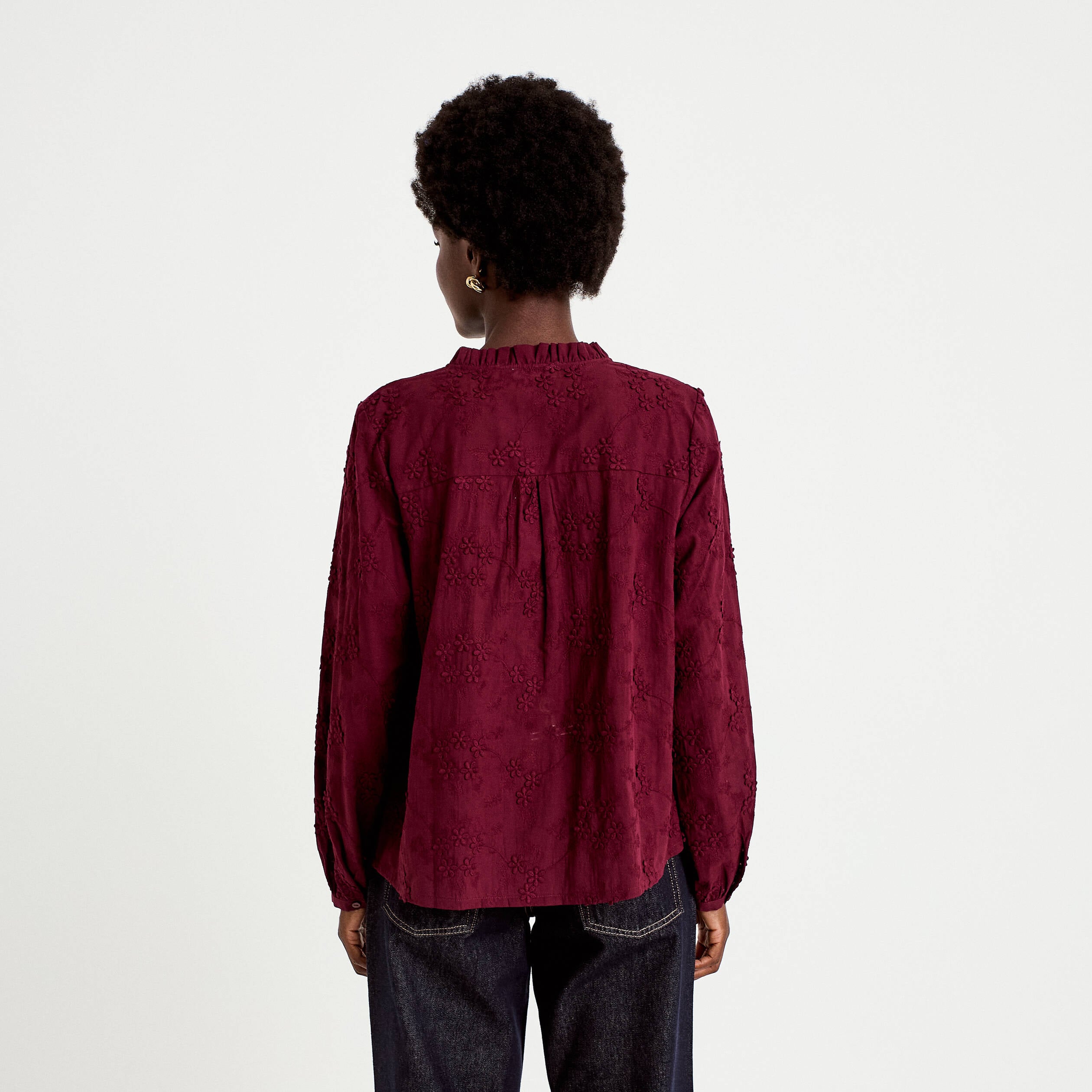 Blouse droite col rond manches longues bordeaux femme