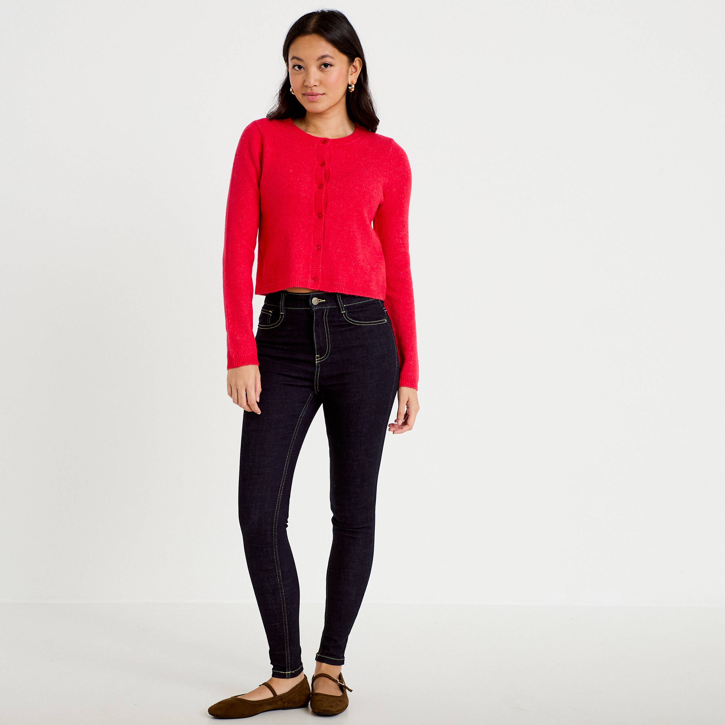 Gilet boutonn&eacute; manches longues rouge femme