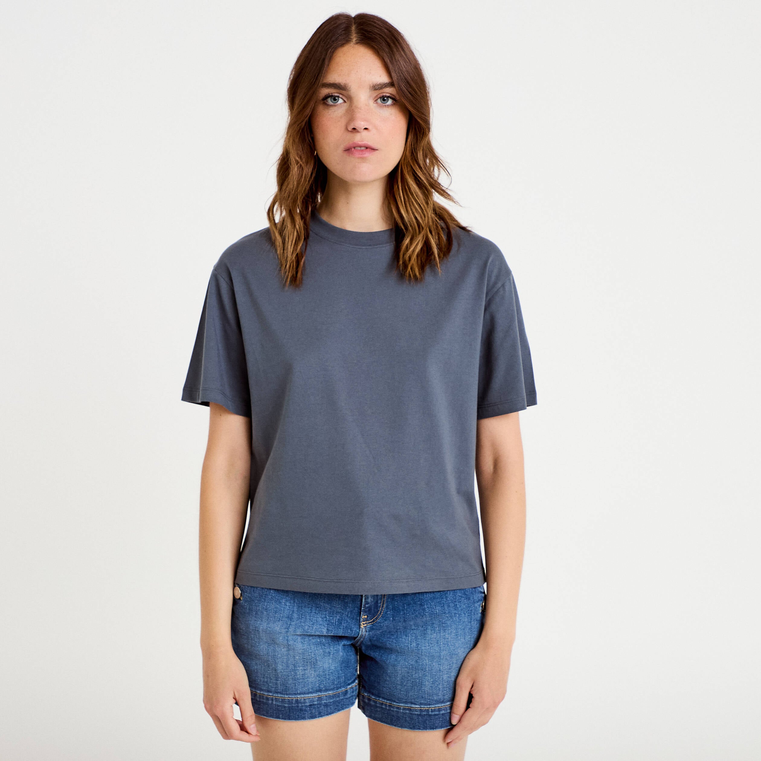 T-shirt col rond manches courtes gris femme