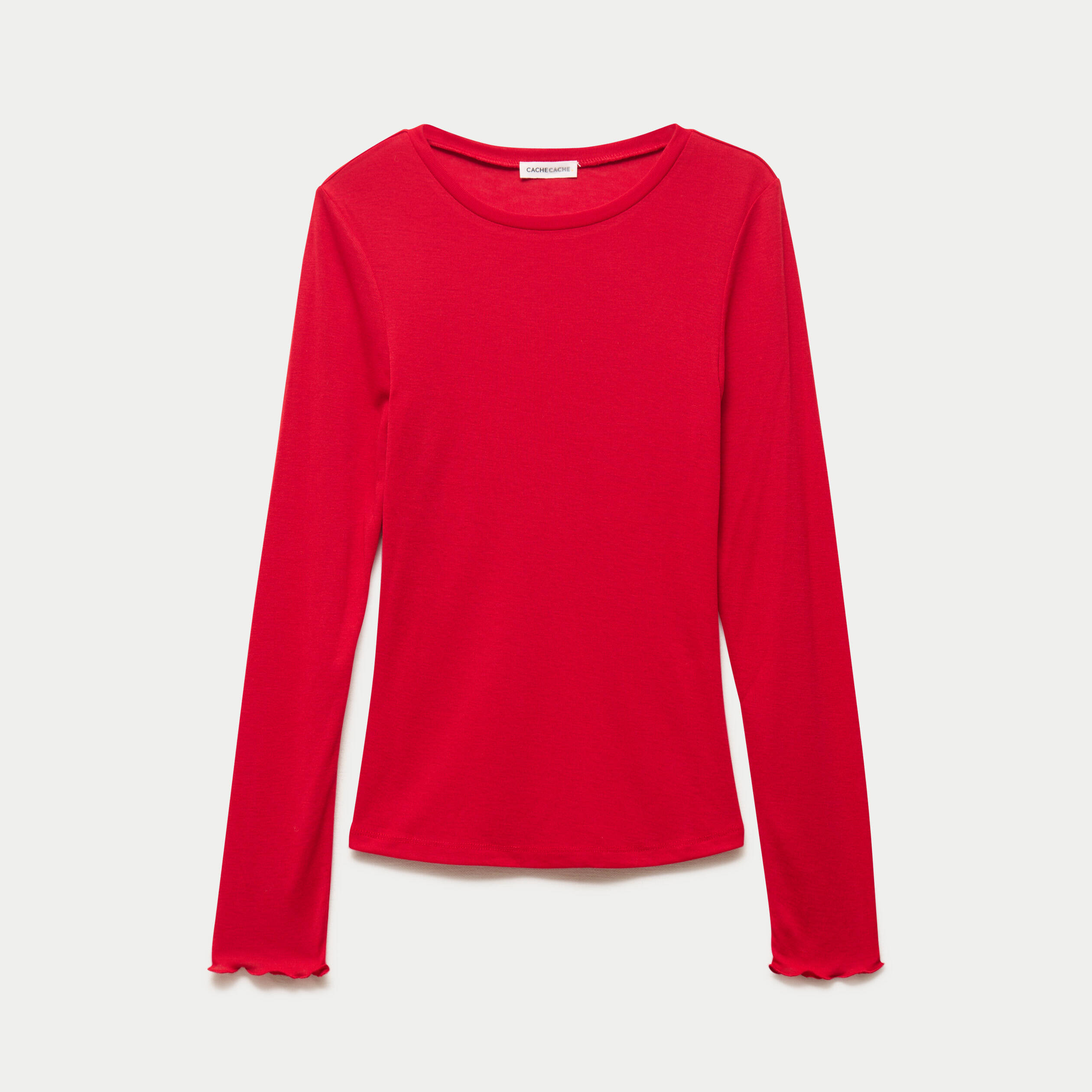 T-shirt ajust&eacute; col rond manches longues rouge femme