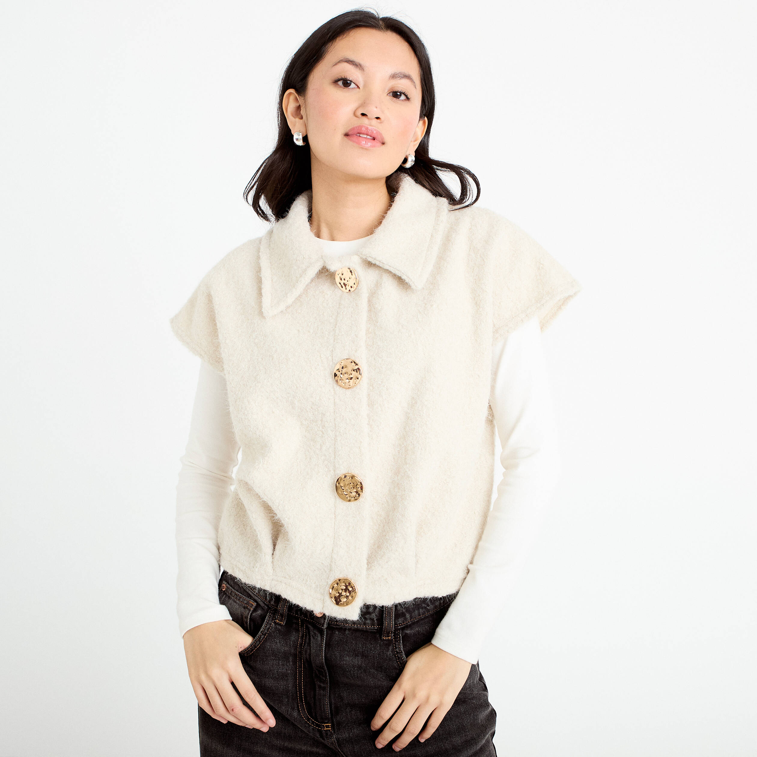 Veste sans manches bouclette col rond sable femme