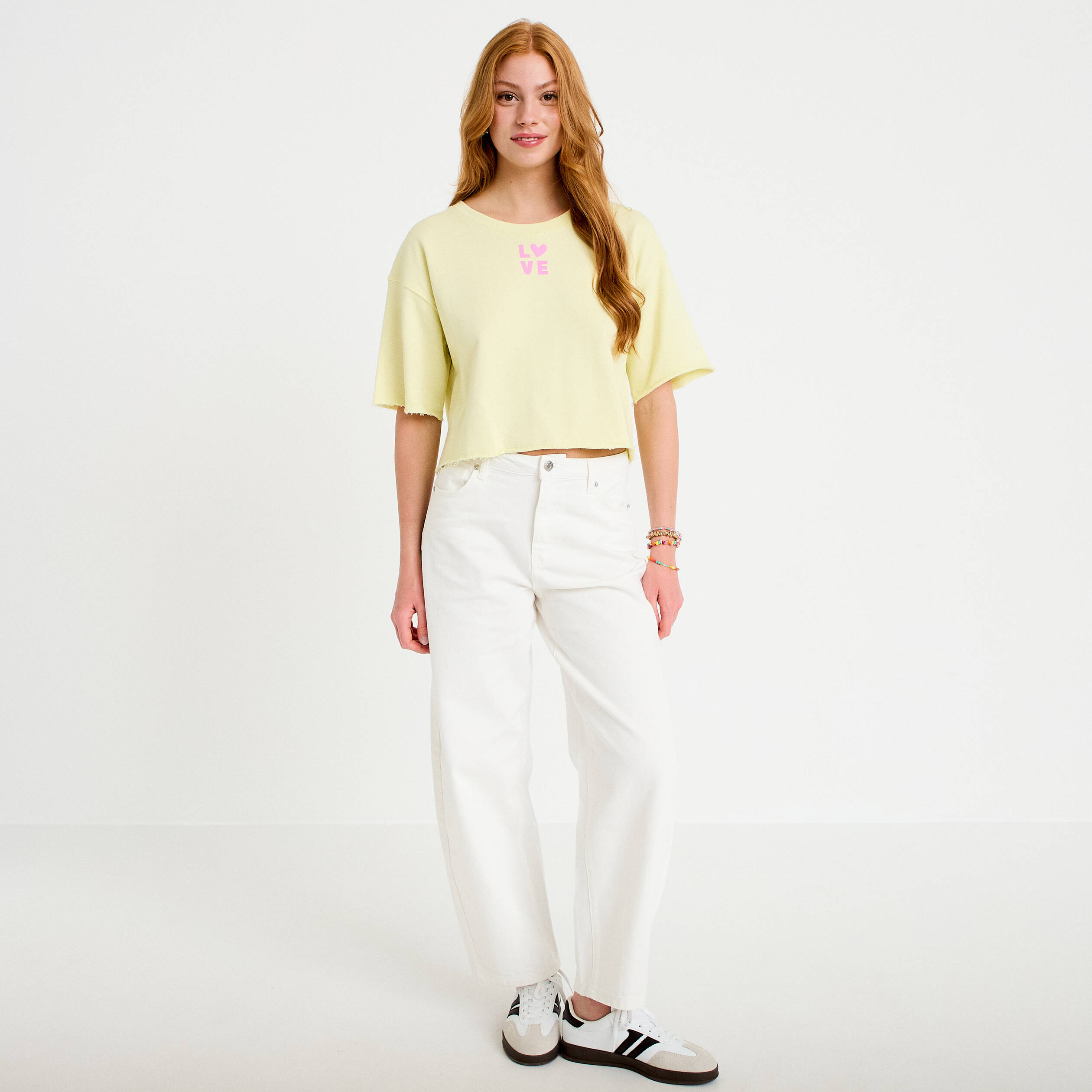 Sweat oversize cropped col rond jaune clair femme