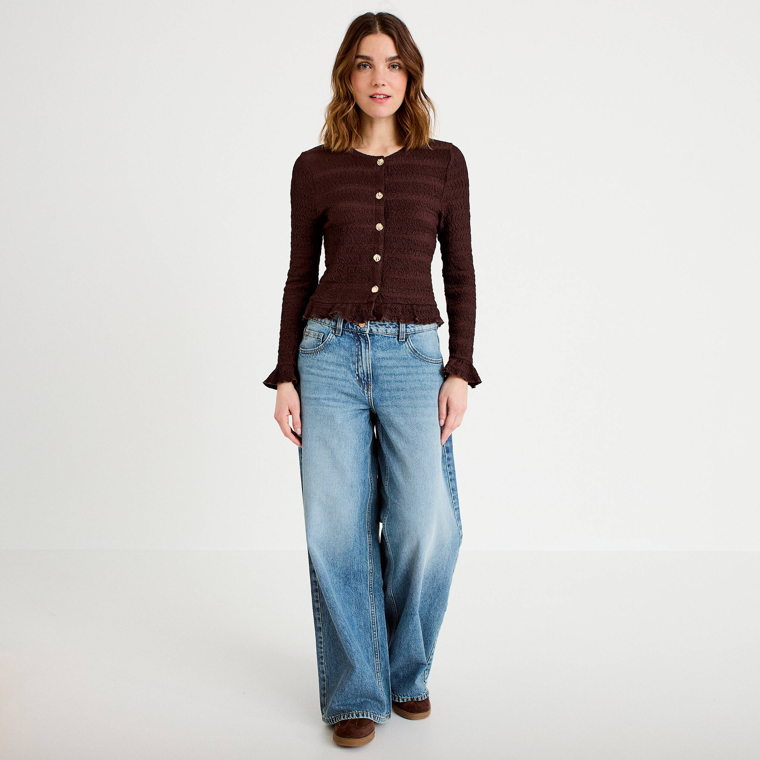 Gilet col rond manches longues bordeaux femme
