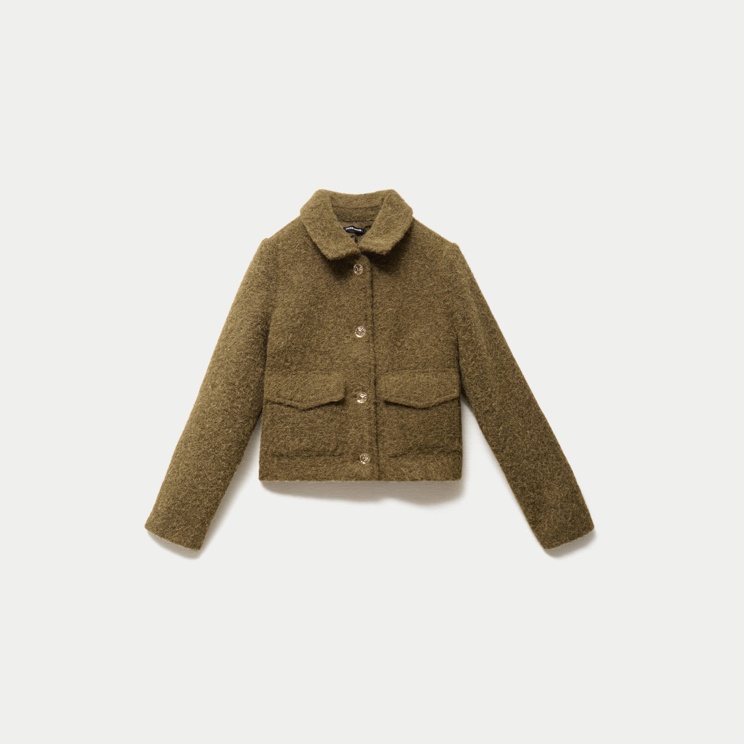 Veste droite bouclette col classique vert kaki femme