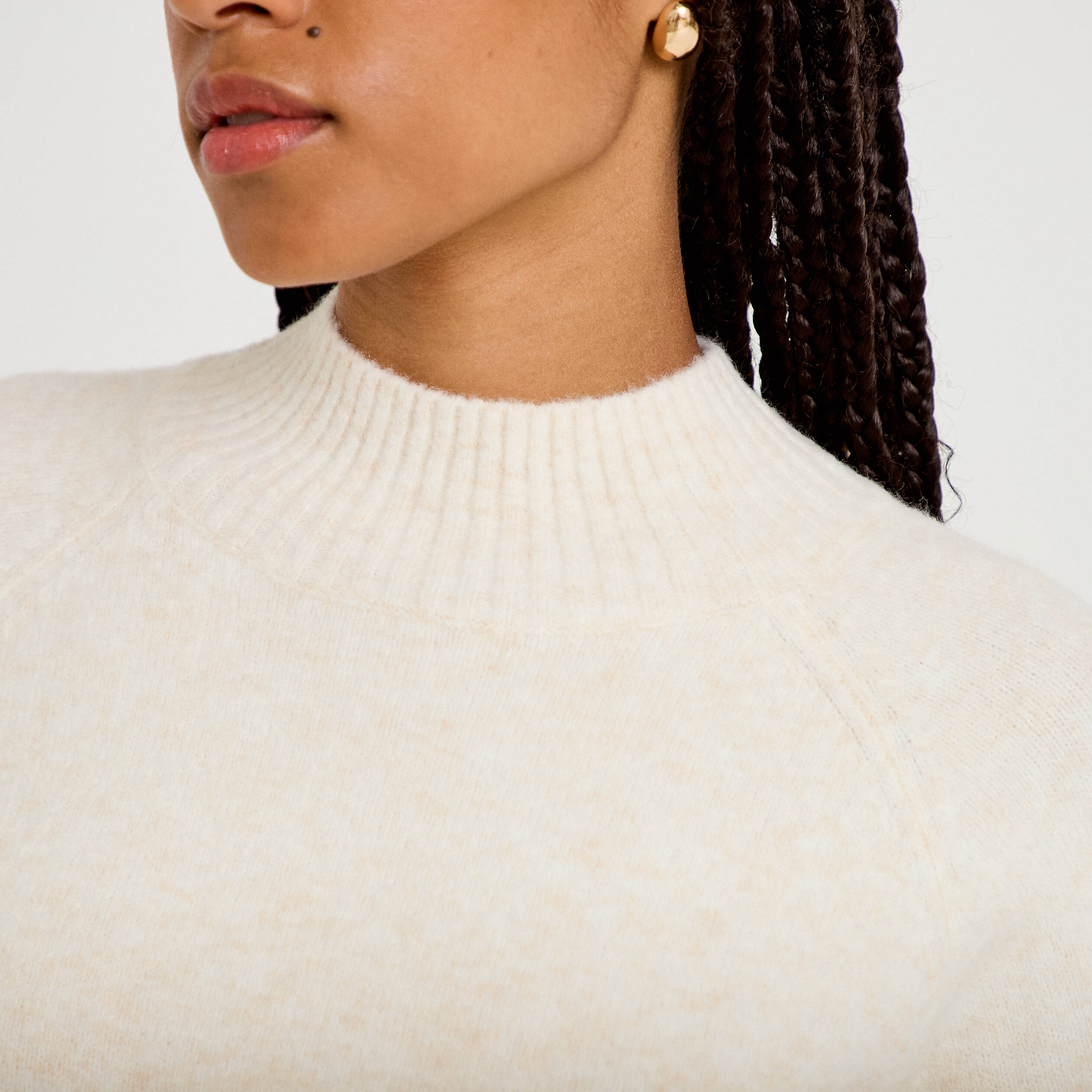 Pull col montant manches longues ecru femme